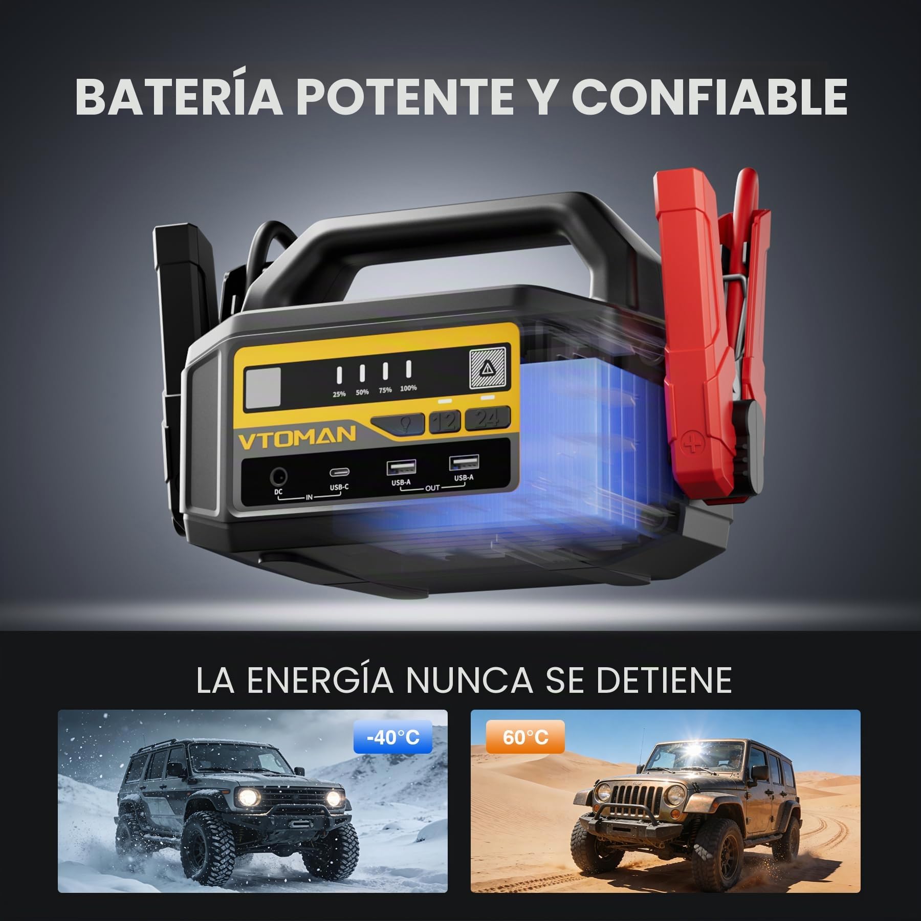 VTOMAN V-Truck - Kit de Arranque Portátil de 6000 A 12 V/24 V, 36400 mAh, Potente Paquete de Arranque para Camiones, Furgonetas y Caravanas con Linterna LED & Carga Rápida de 145 W