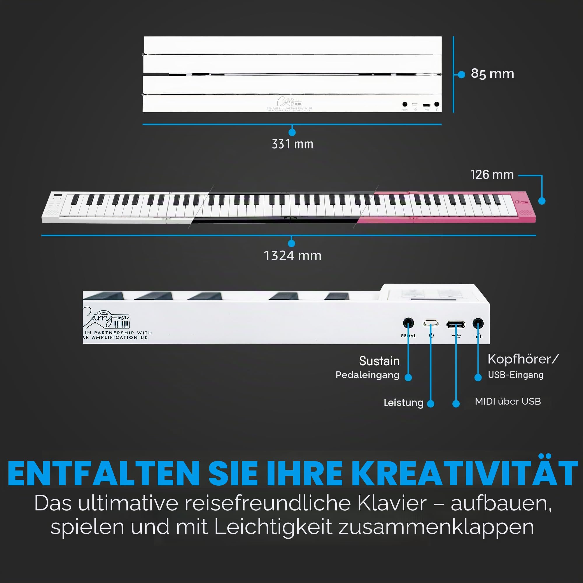 Carry-on FP-88 Touch 88 Tasten berührungsempfindlich Schwarz Tragbares Faltbares Digitalpiano durch USB MIDI Controller mit wiederaufladbarem Akku