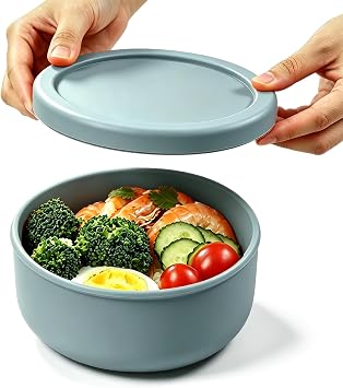 24 fl oz Adult Silicone Reusable Lunch Bento Bowl with Lid, Medium Airtight Food Storage Container for Cereal, Meal Prep & Leftovers, BPA Free, Microwave Fridge Dishwasher Safe Grayish blue 1 Pack