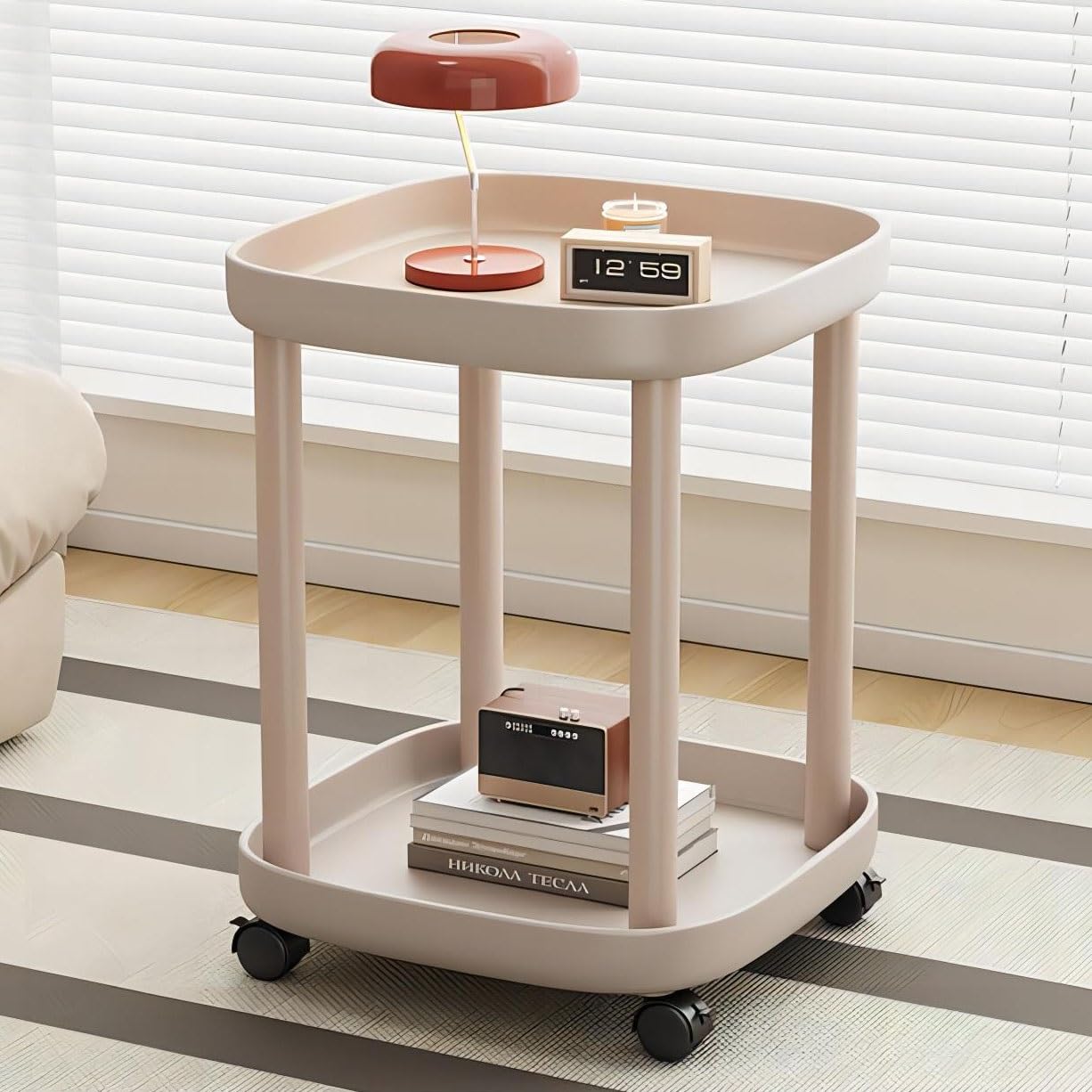 Tavolino rotondo con rotelle, comodino in plastica, tavolino rotondo, con rotelle bloccabili, per soggiorno, camera da letto, balcone, terrazza (Color : Light brown)