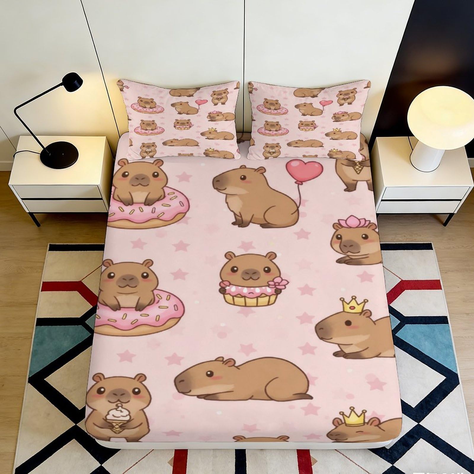 3D Printed Cute Capybara Fitted Sheet Microfiber Pink Cartoon Donut Mattress Cover for Bedroom Guestroom Decor 90x200x25cm