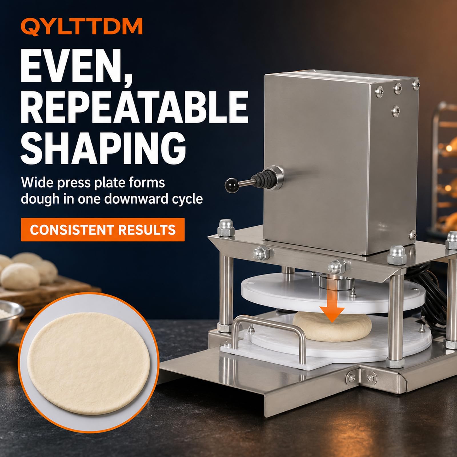 TYH Elektrische Pizzateigpresse, Manuelle Pizzateigpresse Aus Edelstahl, 400 Teigstücke Pro Stunde, Gewerbliche Walzenausrollmaschine Für Pizzaböden Und Hackbraten 25cm