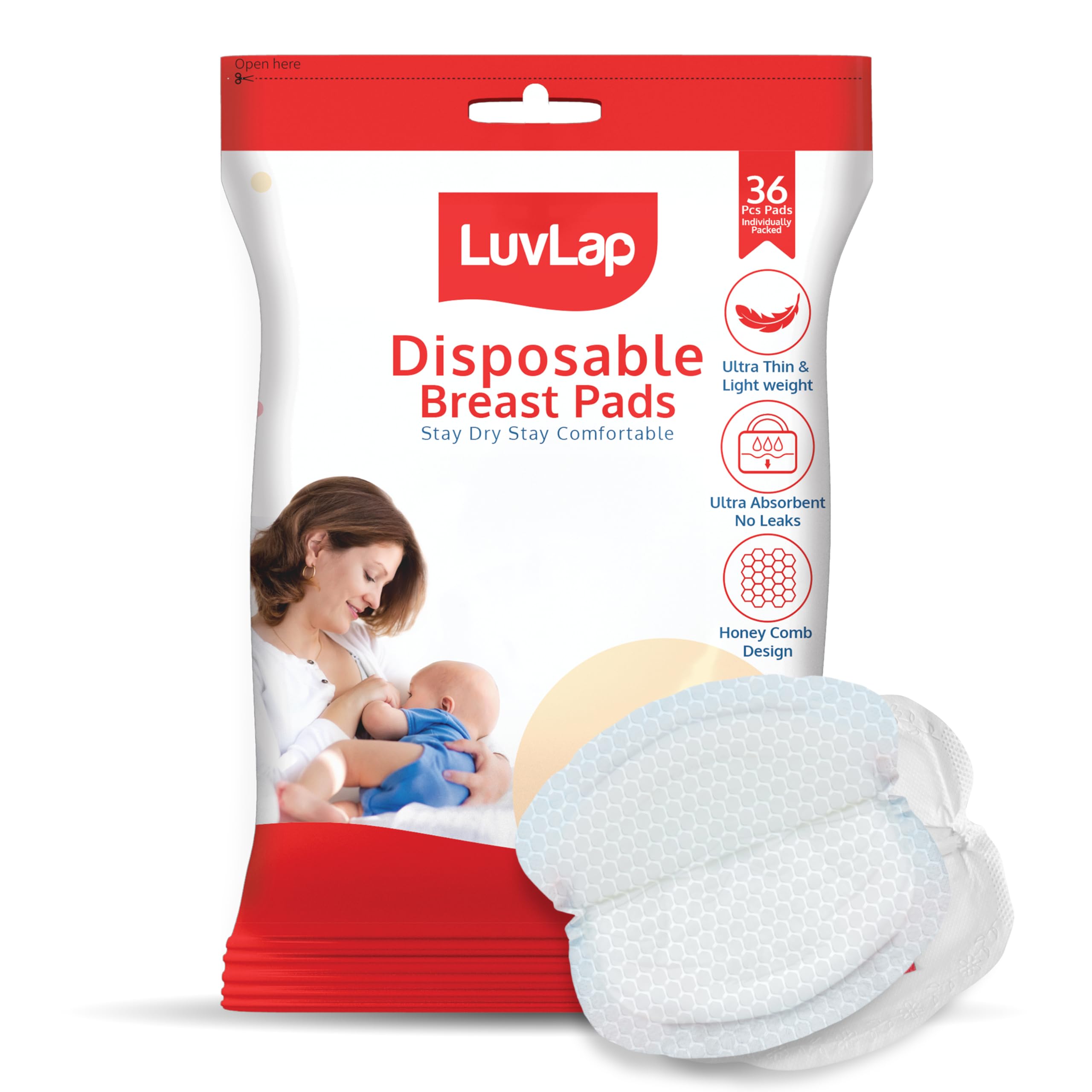 LuvLapLuvLap Ultra Thin Honeycomb Nursing Breast Pads, 36pcs, Disposable Maternity Pads, Highly Absorbent & Soft, Discreet Fit Breastfeeding pad, New Resealable Pack
