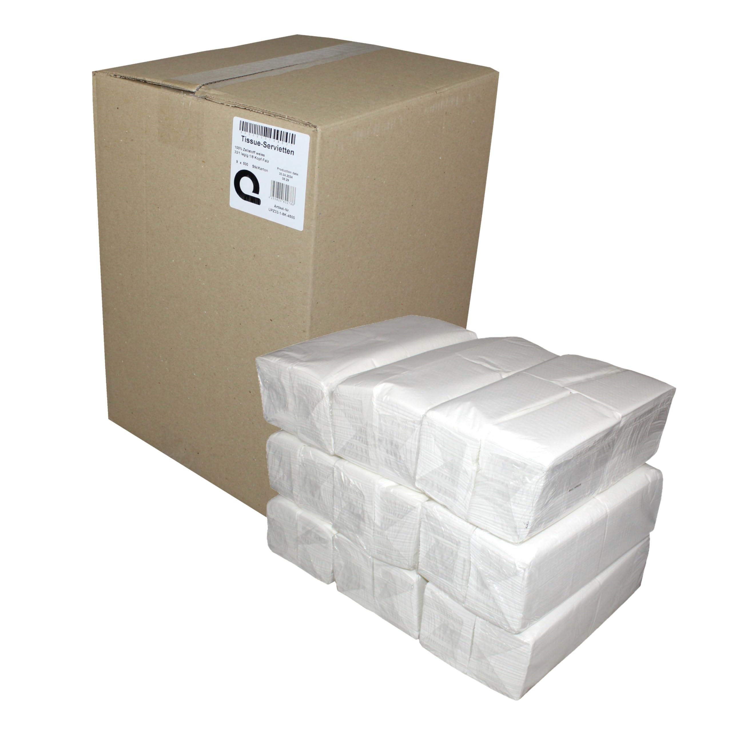 4500 weiße geprägte Servietten | 1/8 Kopf-Falzung | 32 x 32,5 cm | 1-lagig | Zellstoff | 9x500 Stück im Karton | rechteckig | gefaltet: 16x8,5 cm| Huchtemeier