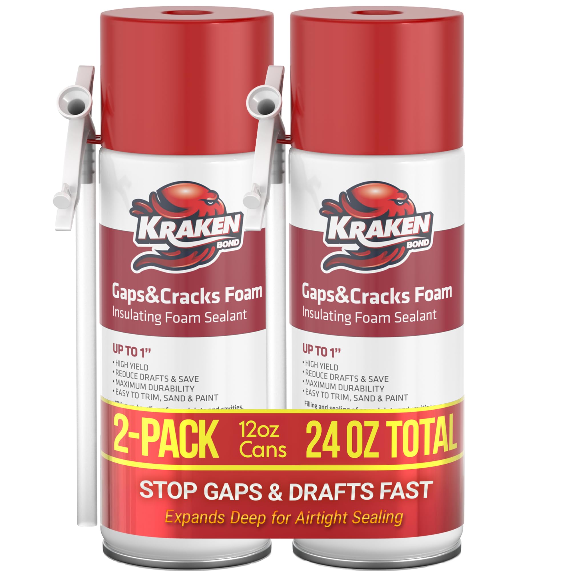 Kraken Bond Gaps & Cracks Expanding Foam Sealant - (2x12oz) High Expansion Polyurethane Spray Foam for Window & Door, Straw Use Waterproof High Yield
