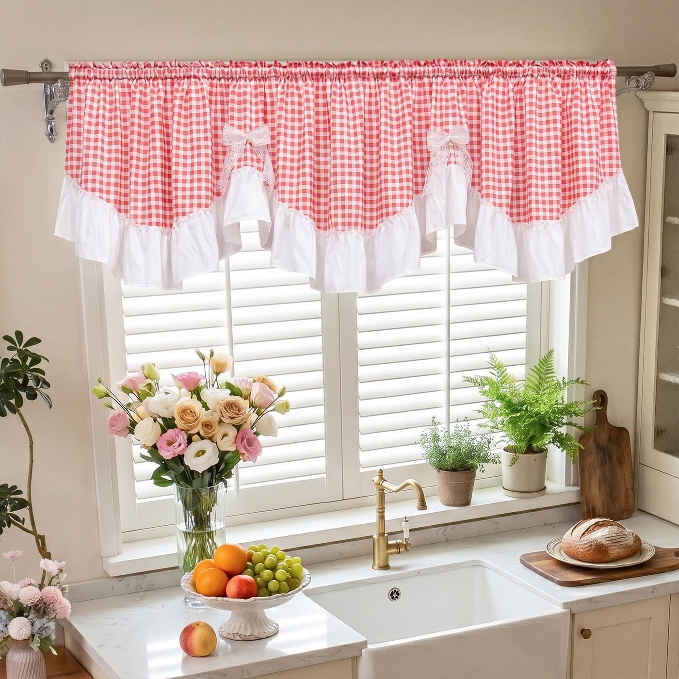 Red Gingham Scalloped Ruffled Valance Farmhouse Small Curtain 52" W x 18" L