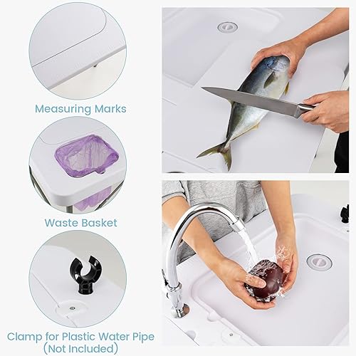 Miniatura 7 de Goplus Mesa plegable de limpieza de peces con doble lavabo de agua mesa de filete resistente con gancho de manguera fregadero y grifo estación