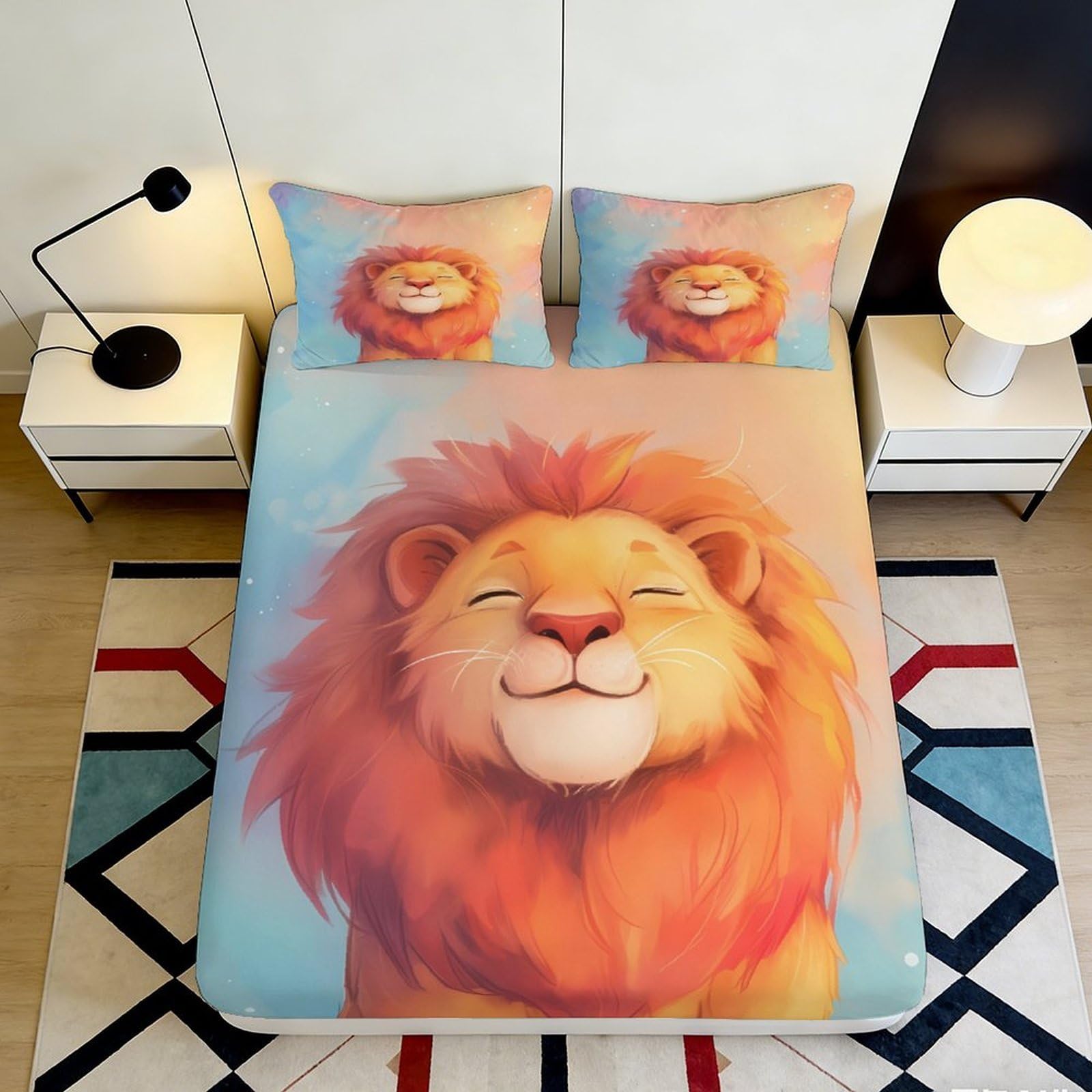 3D Printed Smiling Lion Fitted Sheet Microfiber Soft Cartoon Lion Mattress Cover for Bedroom Dorm Mattress Protection Decor 90x200x25cm