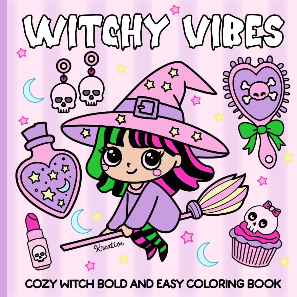 Witchy Vibes: Cozy Witch Bold and Easy Coloring Book for Adults, Teens, and Kids with Simple and Spooky Designs.