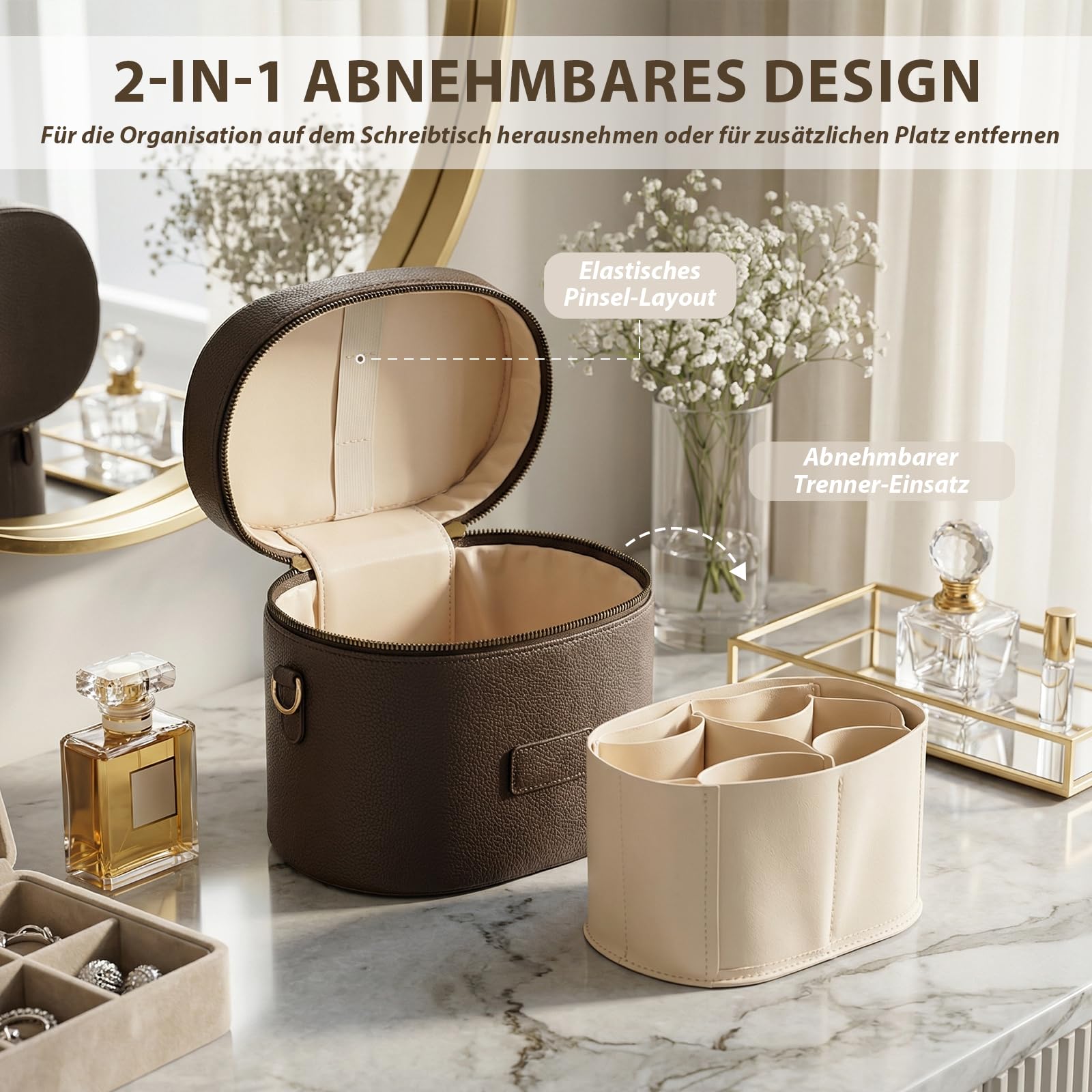 Kosmetiktasche Damen, Make Up Tasche für Frauen – Leder Vanity Case mit herausnehmbarer Trennwand, Waschbare Fächer