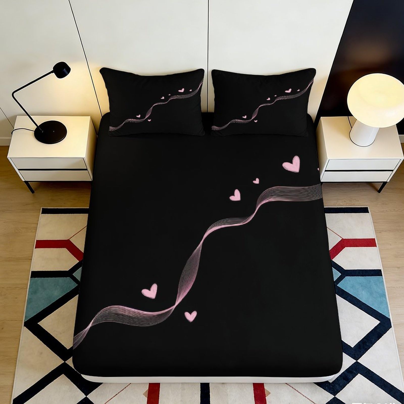 3D Printed Black Romantic Hearts Fitted Sheet Microfiber Bedroom Decor Pink Wave Mattress Cover for Home Dorm 90x200x25cm