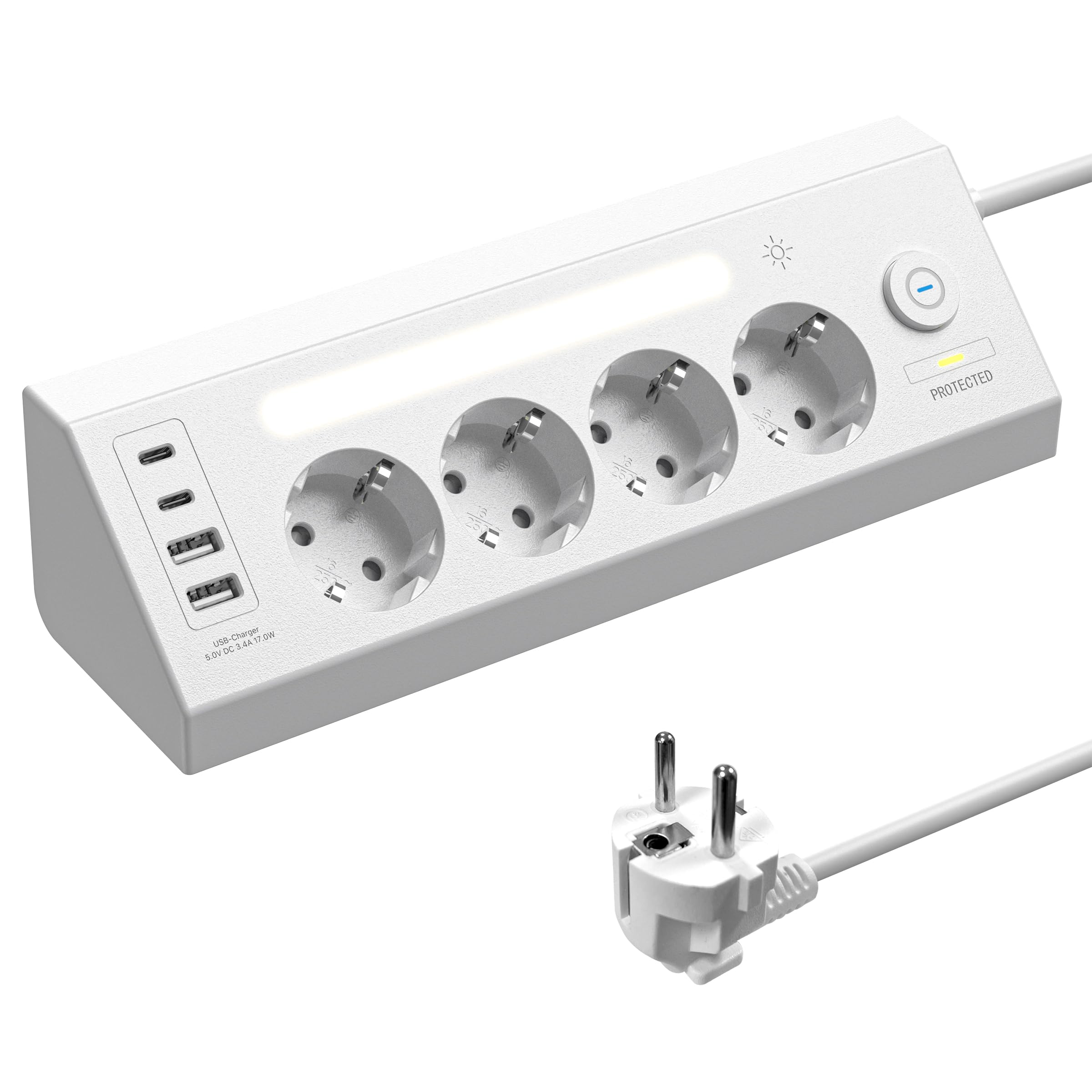 Ecke Steckdosenleiste,4 Fach Mehrfachsteckdose mit USB und 2 Type-C,90° Ecksteckdose Mehrfachstecker mit Schalter, Steckerleiste Überspannungsschutz,Wandmontage Verteilersteckdose mit LED,1.8M Kabel