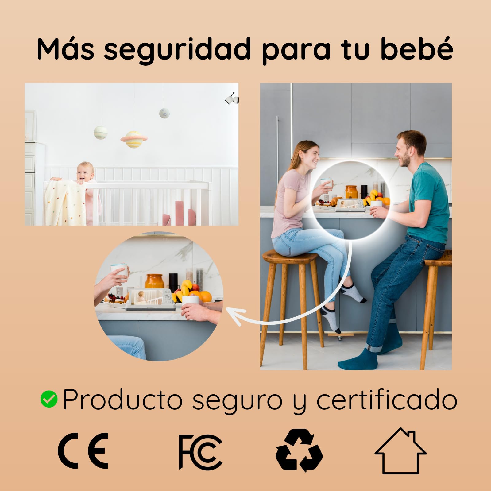 Cámara de vigilancia para bebé PTZ, Full HD 1080P, monitor IPS de 5", audio bidireccional, detección de llanto y movimiento, visión nocturna, VOX, modo Wi-Fi apagado, Wi-Fi remoto, largo alcance 500 m