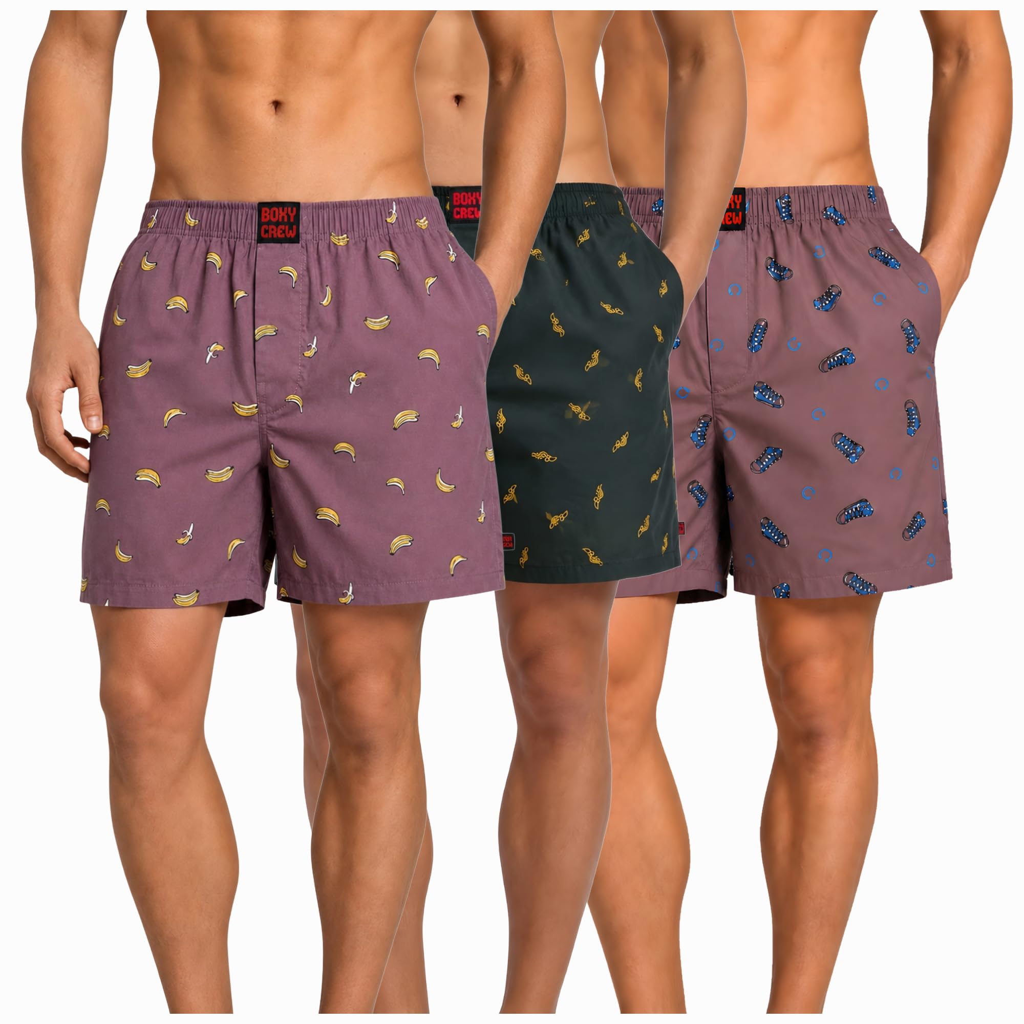 boxy crew Men's 100% Cotton Boxer Shorts Pack of 3, Rose Pink, Dark Teal & Mauve | Woven Boxers with Side Pockets, No-Marks Elastic Waistband, Breathable Relaxed Fit | Style 006-010-015-picture-29
