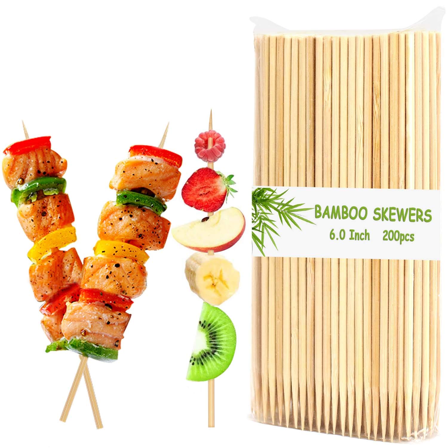 200PC Natural Bamboo Appetizer Skewers 6in, Φ=1/8in Christmas party Decor Caramel Apples Wood Stick for Cocktail Chocolate Fountain, Barbecue Skewers for Party, Kitchen BBQ, Kabob, Fruit, Appetiser