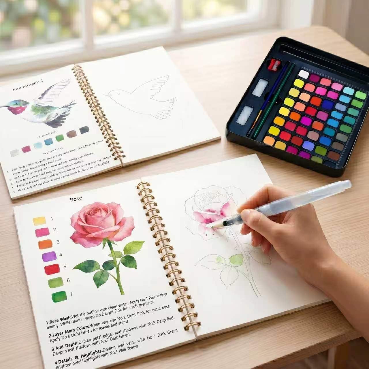 Watercolor Workbook Paint Set, Bird and Floral Painting Books with a Box of 48 Colors and Brushes, Mindful Art Therapy Kit for Adults Stress Relief
