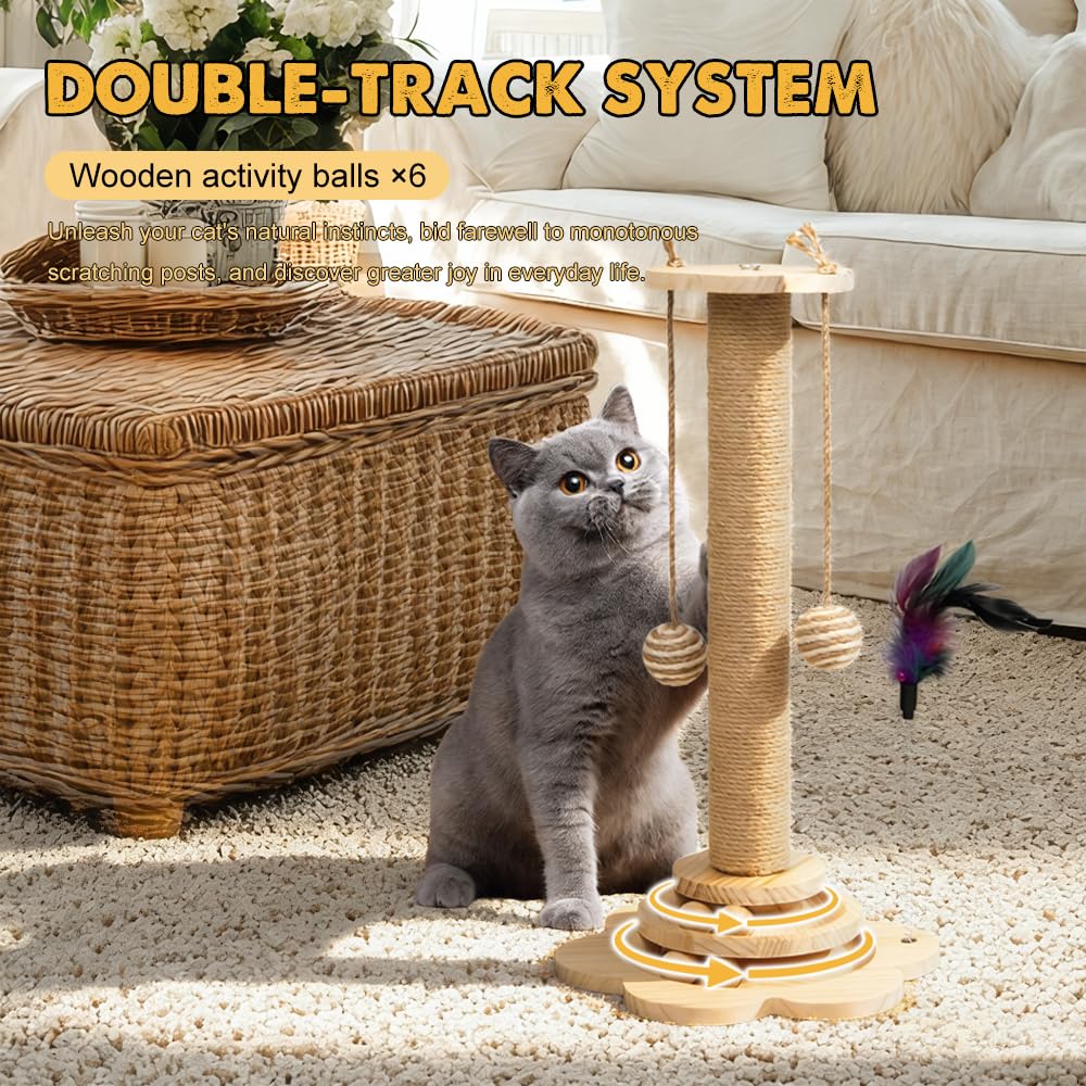 4 in 1 Tiragraffi per Gatti in Legno Albero Tiragraffi Gatto Colonna 50 x 25 cm Giocattolo Interattivo per Gatti 4 in 1 con Palline di Legno, Palla Sisal Pendente, Piume