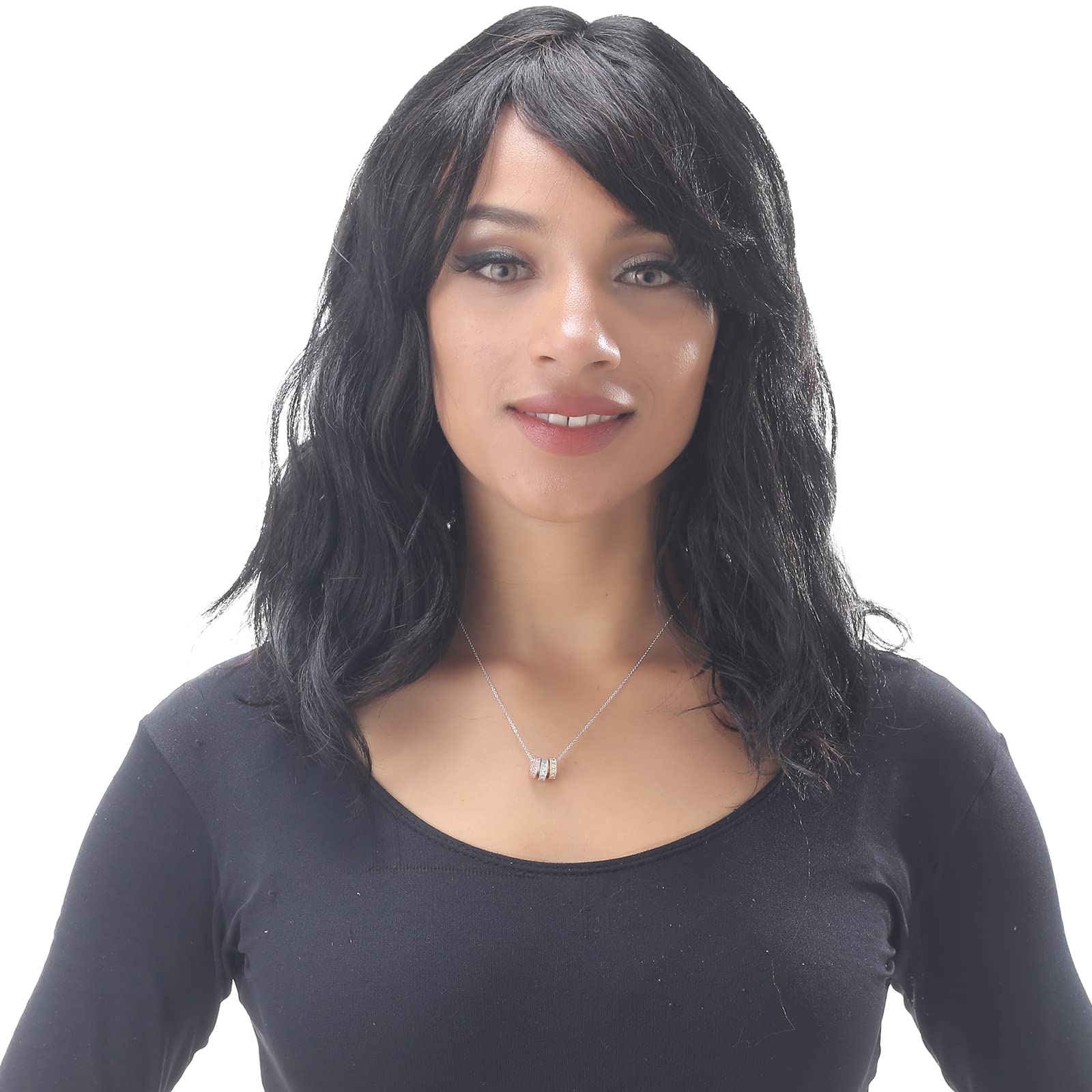 YONICOER 16" Wavy Wigs with Bangs for Women, Gluless Synthetic Short