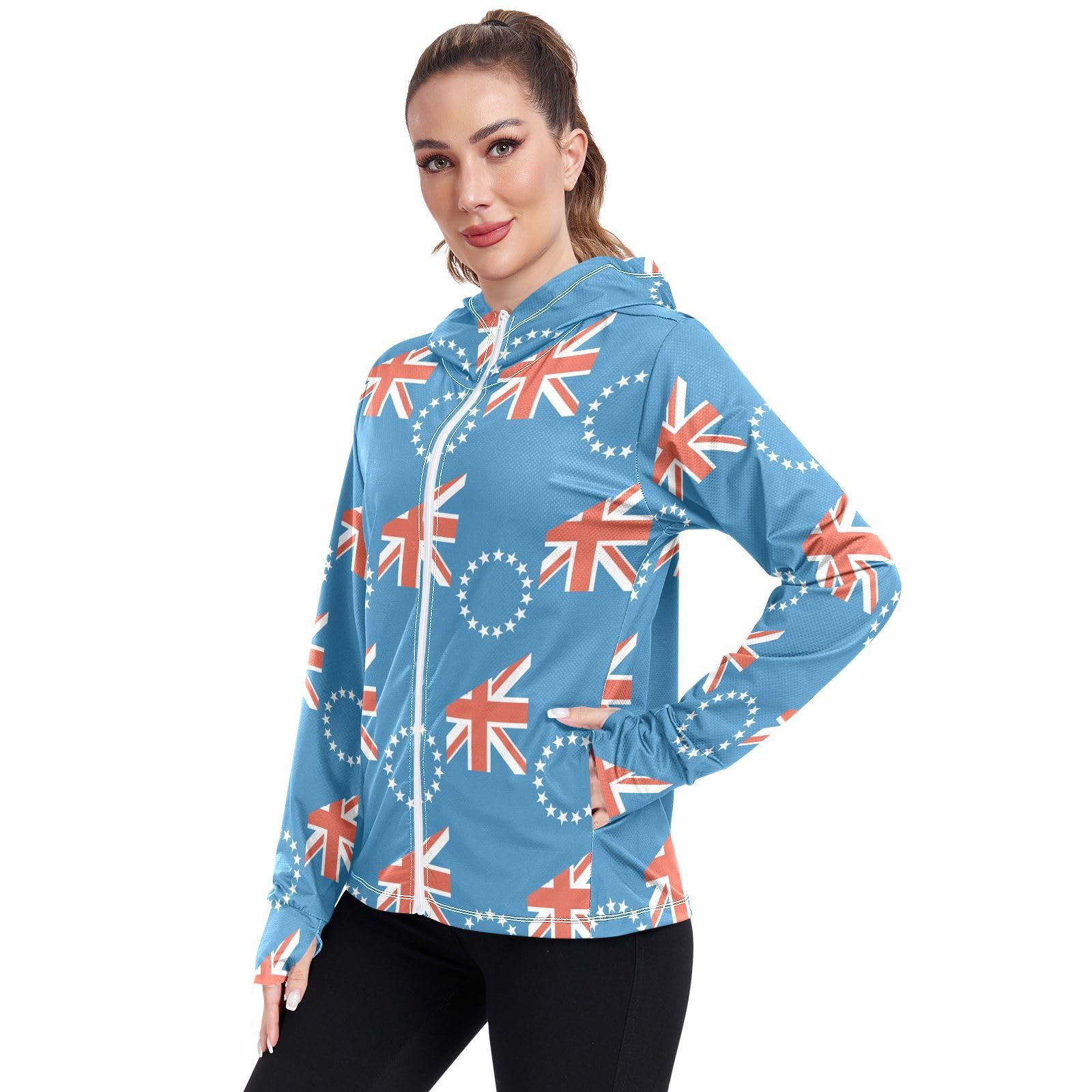 Cook Islands Flag Women's UPF 50+ Sun Protection Hoodie Jacket Lightweight Long Sleeve Sun Shirt with Pocket Multicoloured