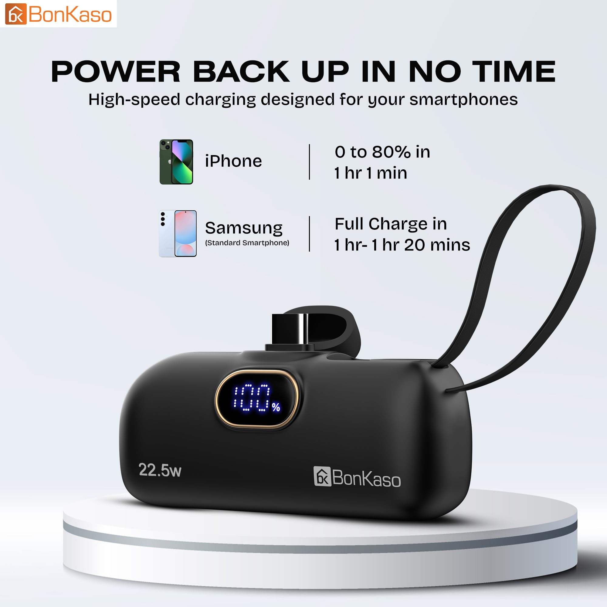 BonKaso 5000mAh Mini Power Bank 22.5W PD Fast Charging, USB-C Type-C Input/Output, Built-in i5 Cable, Digital LED Display, Compact Pocket Portable Charger for iPhone & Android – Black — Amazon image 7