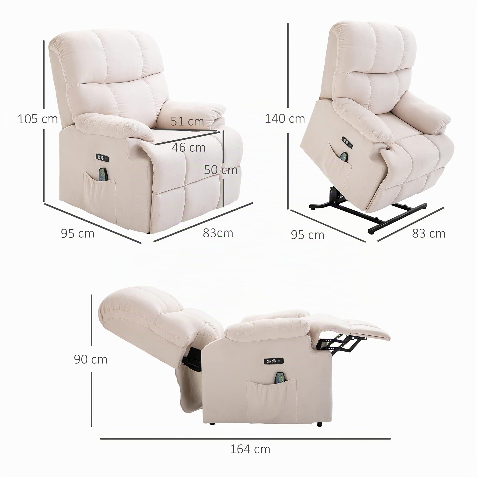 HOMCOM Sessel mit Aufstehhilfe, Massagesessel, Relaxsessel mit USB-Anschluss, Fernsehsessel mit Fernbedienung, Seitentasche, Neigebarer TV-Sessel mit Samtoptik, Beige