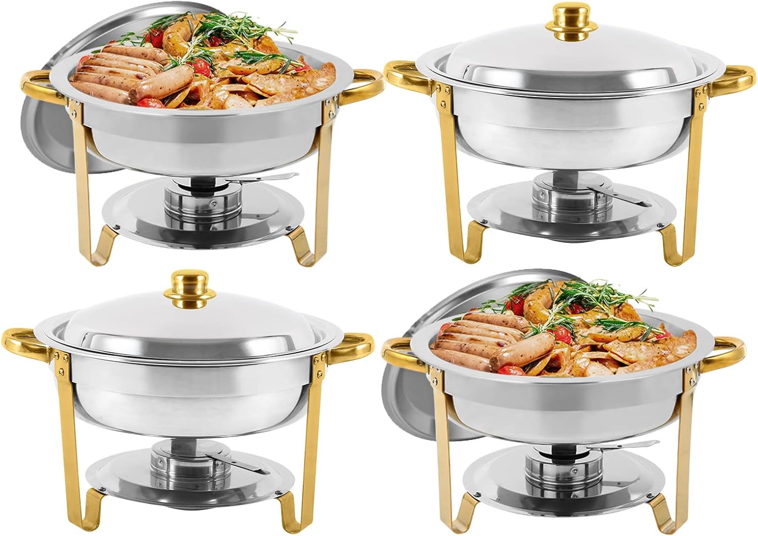 Restlrious Chafing Dish Buffet Set Stainless Steel Round Chafers and Buffet Warmers Sets 5QT 4 Pack, Complete Set for Buffet Catering w/Water Pan, Food Pan, Fuel Holder and Lid in Gold Accent