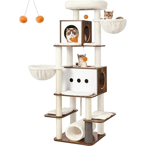 Feandrea Cat Tree, 64.5-Inch Tall Modern Cat Tower for Large Indoor Cats, Multi-Level Cat Condo with 2 Caves, 2 Hammocks, 4 Scratching Posts, Self-Groomer, Tunnel, Perch, Rustic Brown UPCT167K01