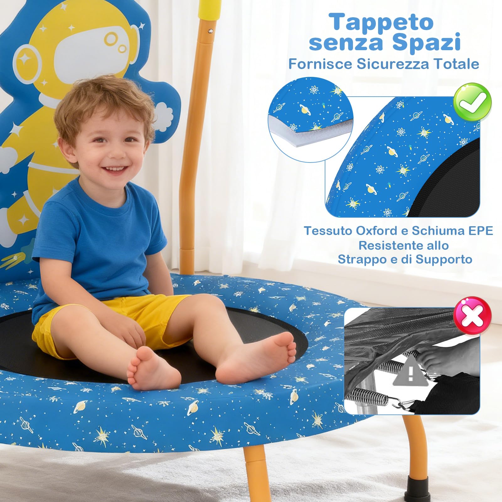 GYMAX Trampolino per Bambini 71cm con Maniglia, Tappetino di Sicurezza Senza Spazi e Maniglia in Schiuma, Trampolino Piccolo da Interno per Bambini 3+ Anni, Portata 80 Kg