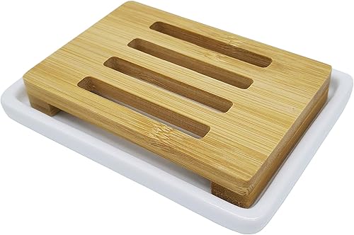 Lofekea Soporte para jabonera, barra de jabón autodrenante para ducha, jabonera de cerámica para ducha, baño, cocina (bambú)