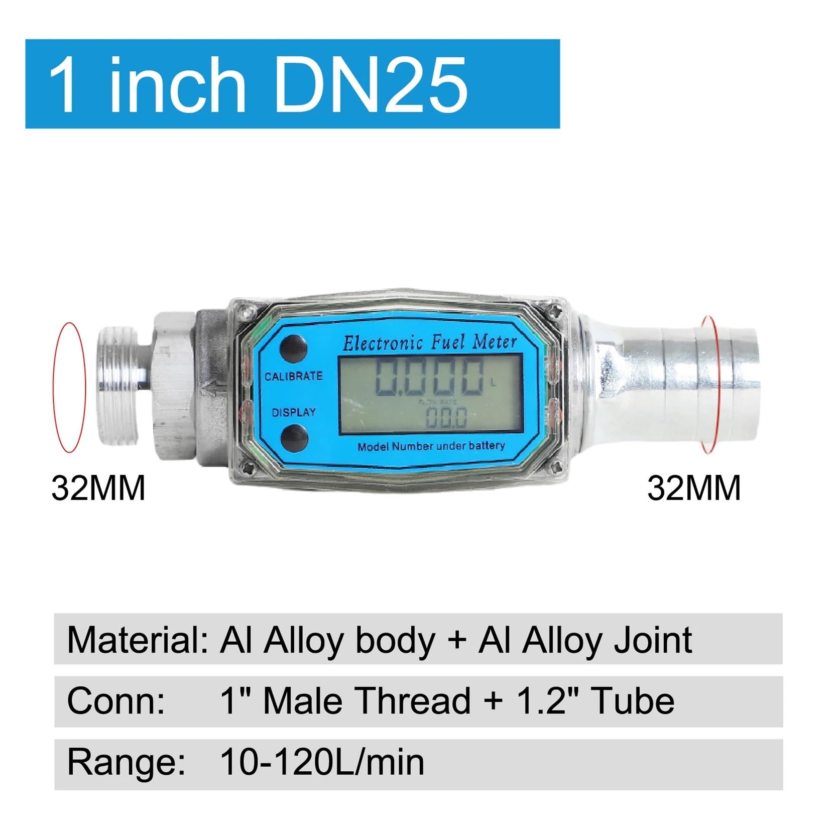 Digitaler Turbinendurchflussmesser, Aluminium, 3/4 Zoll, 1 Zoll, 1,5 Zoll, 2 Zoll Gewinde, elektronischer Kraftstoffdurchflussmesser for Wasser, Diesel, Benzin, Flüssigkeit(1-inch-1.2 tube)