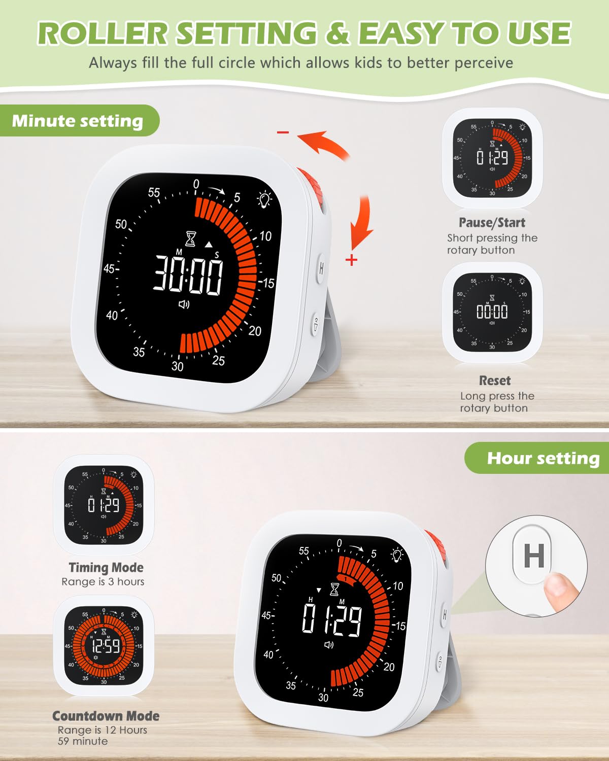 KeeKit Temporizador visual digital, temporizador de cuenta regresiva recargable con volumen y brillo ajustables, parte trasera magnética para cocina, gimnasio, estudio, temporizador para niños, para