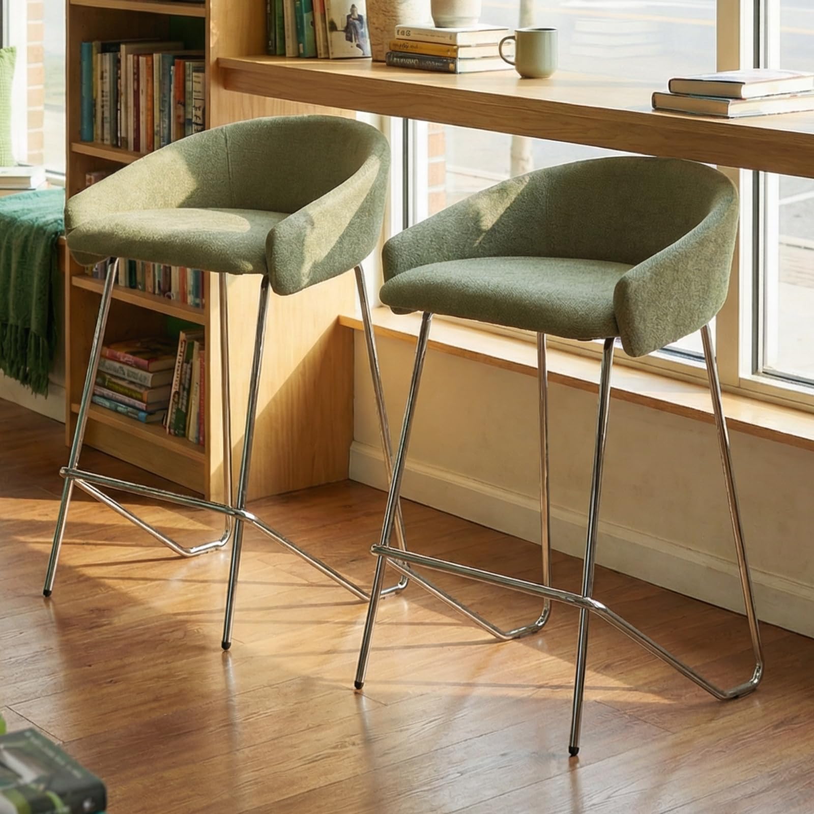 Ya-Home Set of 2 Modern Chenille Kitchen High Stools with Curved Back and Comfortable Cushion, Nordic Kitchen High Chairs with Sturdy Metal Legs, Bar Stools for Home/Bar,Green