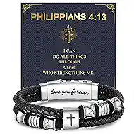 Men's Leather Cross Bracelet - Silver Double Row Braided Leather Cross Bracelet for Men with Inspirational Bible Verse Card, Faith Christian Religious Gift for Husband Son on Baptism Easter Birthday