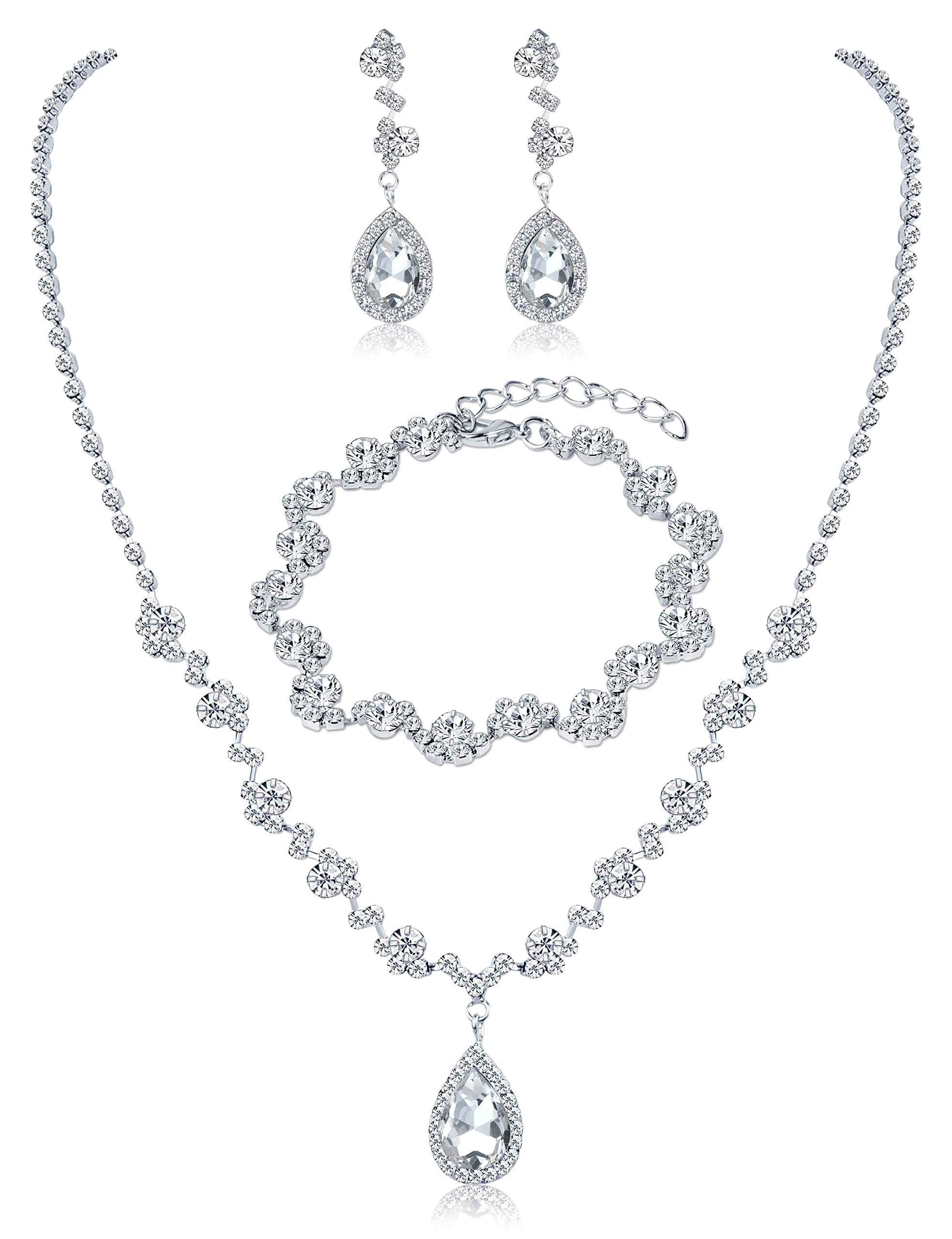 Adramata Juego de Joyas para Novia para Mujer Cristal Collar Pulsera Pendientes de Lágrima Plata Conjunto Collar y Pendientes Fiesta de Graduación Compromiso Boda Joyería para Dama de Honor