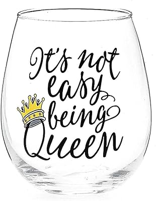 BnB Novelty Stemless Wine Glass Its Not Easy Being Queen Funny Gift 16 ounce Clear Glass with Black Script and Gold Crown in Acetate Box with Black Satin Bow, 1 per order