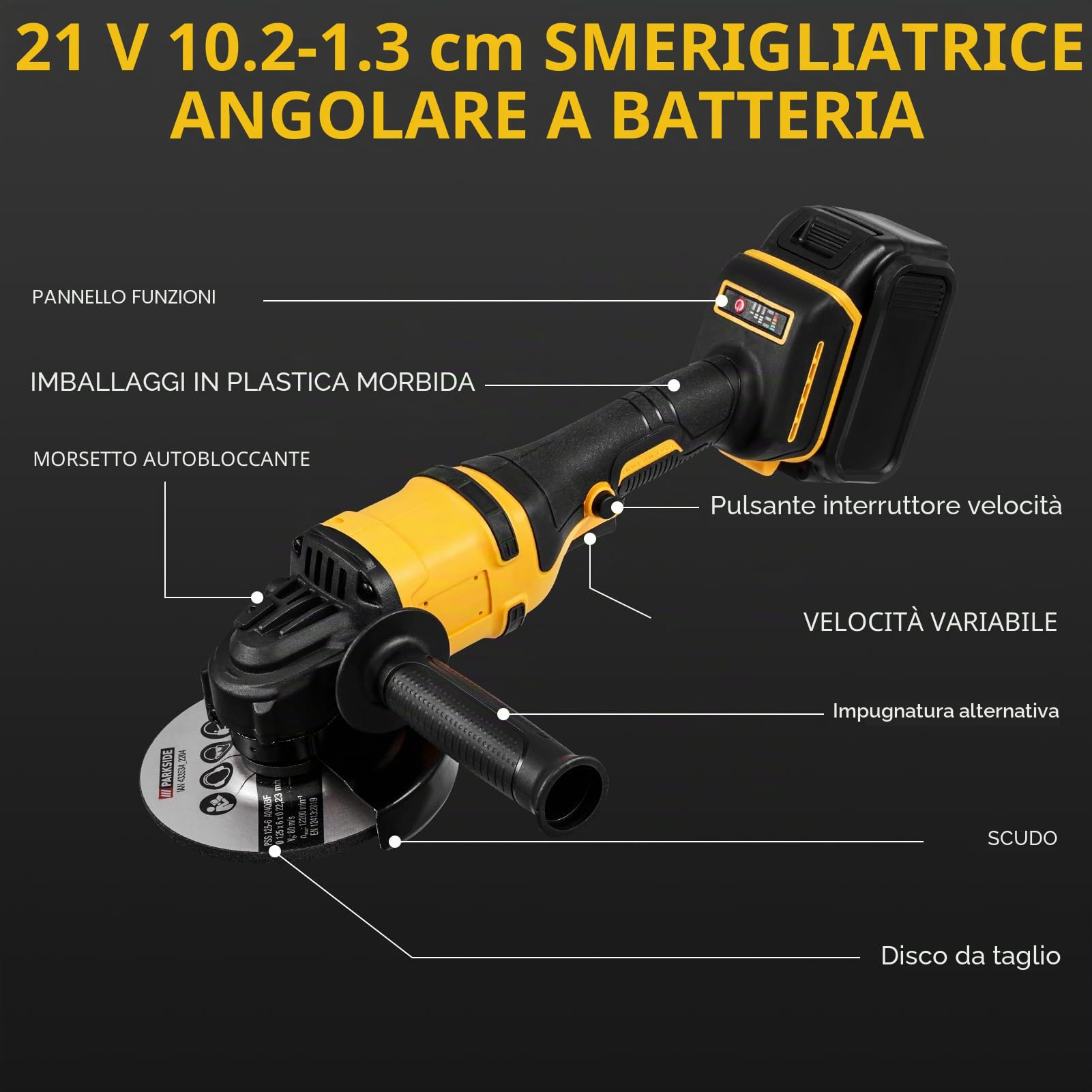 Smerigliatrice angolare a batteria da 21 V con motore brushless, batteria e caricabatterie, dischi da taglio da 125 mm per separare, levigare e lucidare, 30.000 giri/min (due batterie)