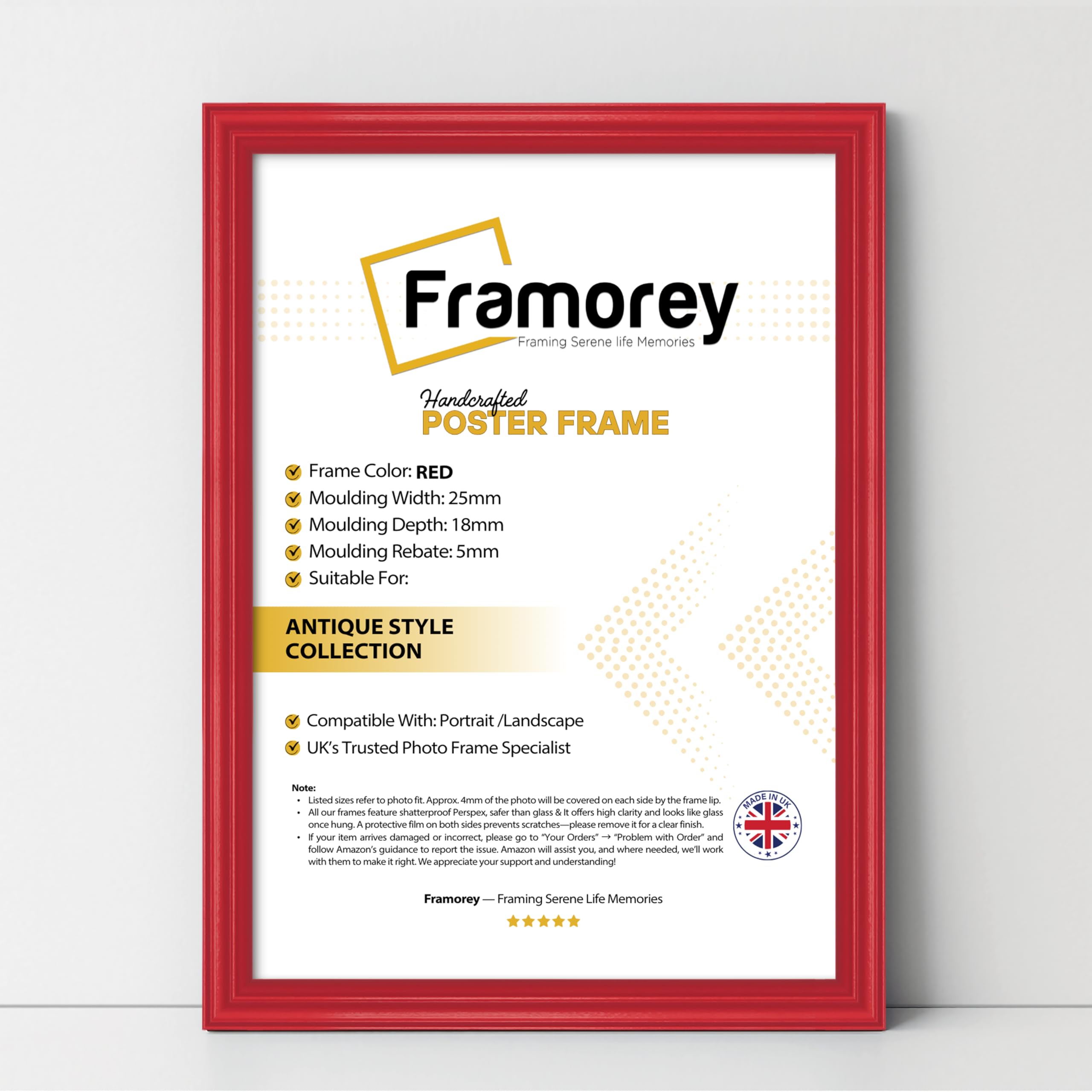 FRAMOREY Red A4 Size Picture Frame, Wall Hanging Photo Frame, LW Antique Style Print Poster, Home Decor