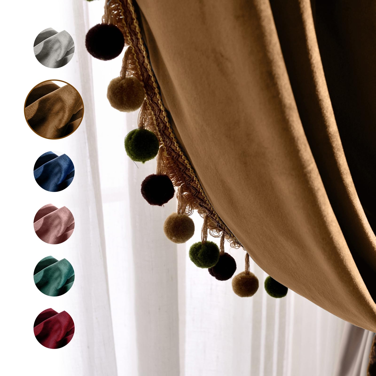 Melodieux Pom Poms Samt-Verdunkelungsvorhänge für Wohnzimmer, Schlafzimmer, Vintage-Stil, luxuriös, energiesparend, Stangentasche, wärmeisoliert, gefütterte Vorhänge, 132 x 244 cm (B x L), Goldbraun