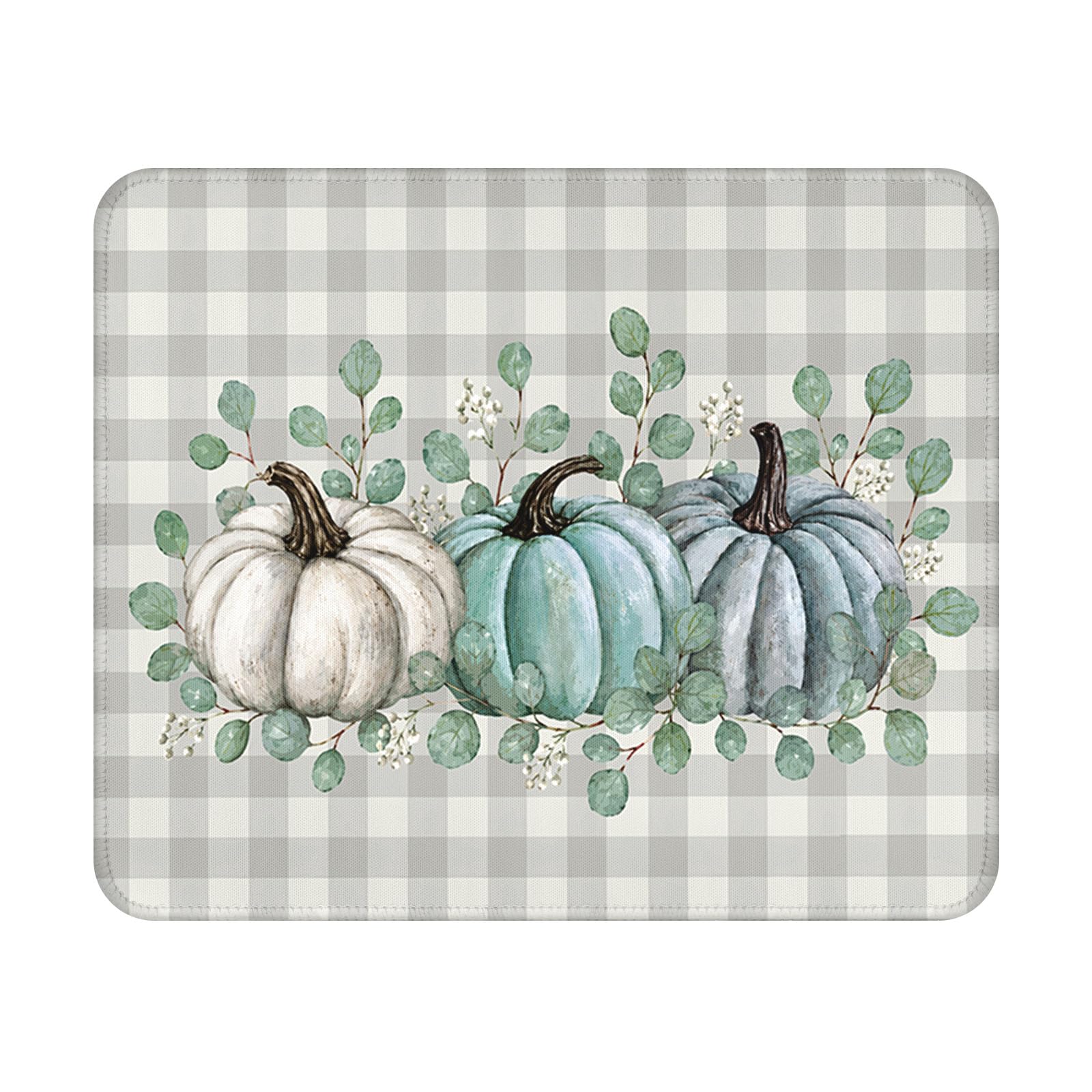 Fall Mouse Pad - 9.5x7.9 Inch Grey Pumpkin Mousepad Plaid Leaf Keyboard Mat with Anti-Slip Rubber Base for Computer Mouse Keyboard Home and Office