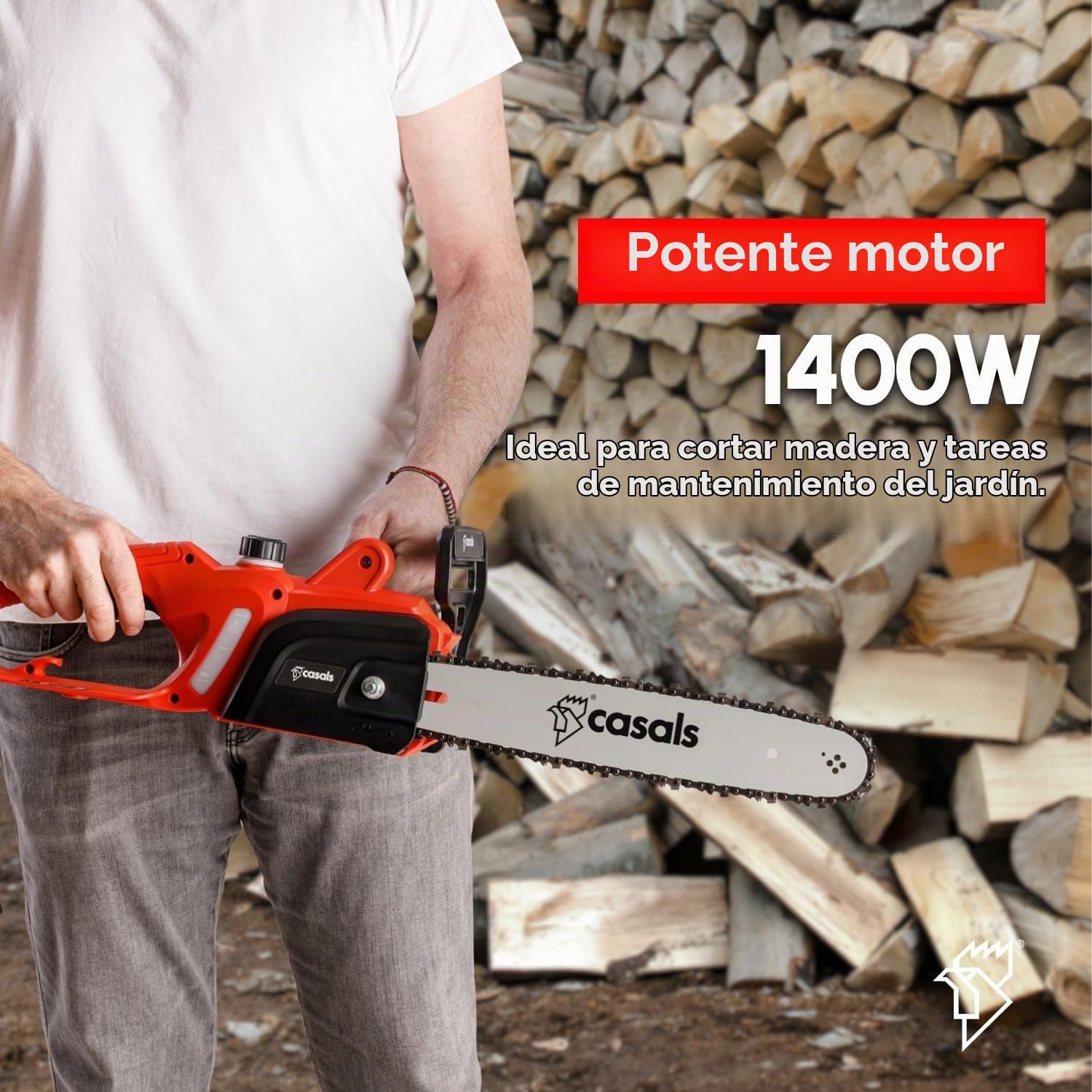 Casals - Motosierra Eléctrica Casals | 1400W Potencia | Corte Preciso de 35,5 cm | 6500 RPM | Ideal para Jardinería y Madera