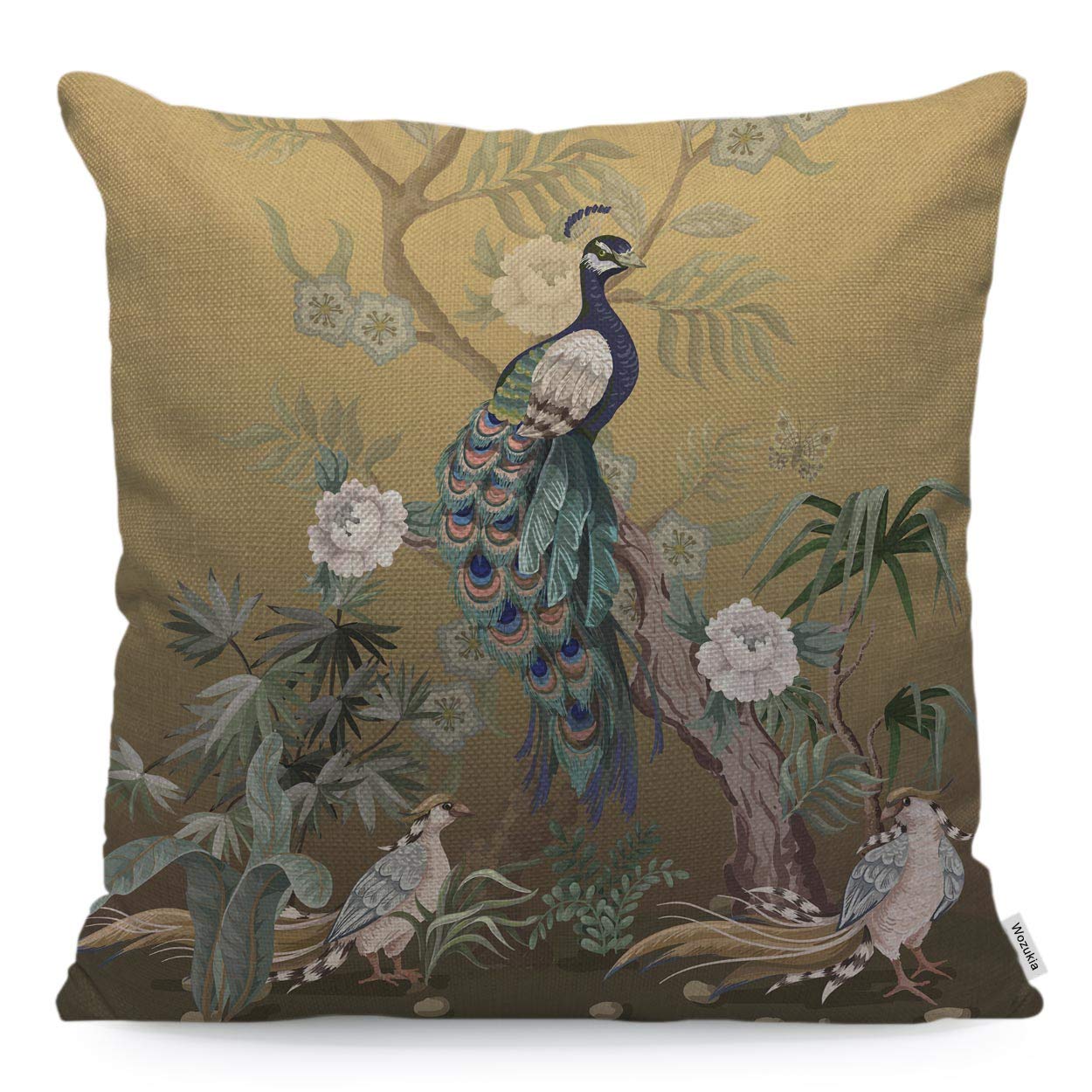 Wozukia G211a Peacock And Peonies Throw Pillow Cover Case In Chinoiserie Style On Golden Background Cotton Linen Pillow Case For Decorative Bedroom/Livingroom/Sofa/Farm House - Cushion Covers 18X18 Inch