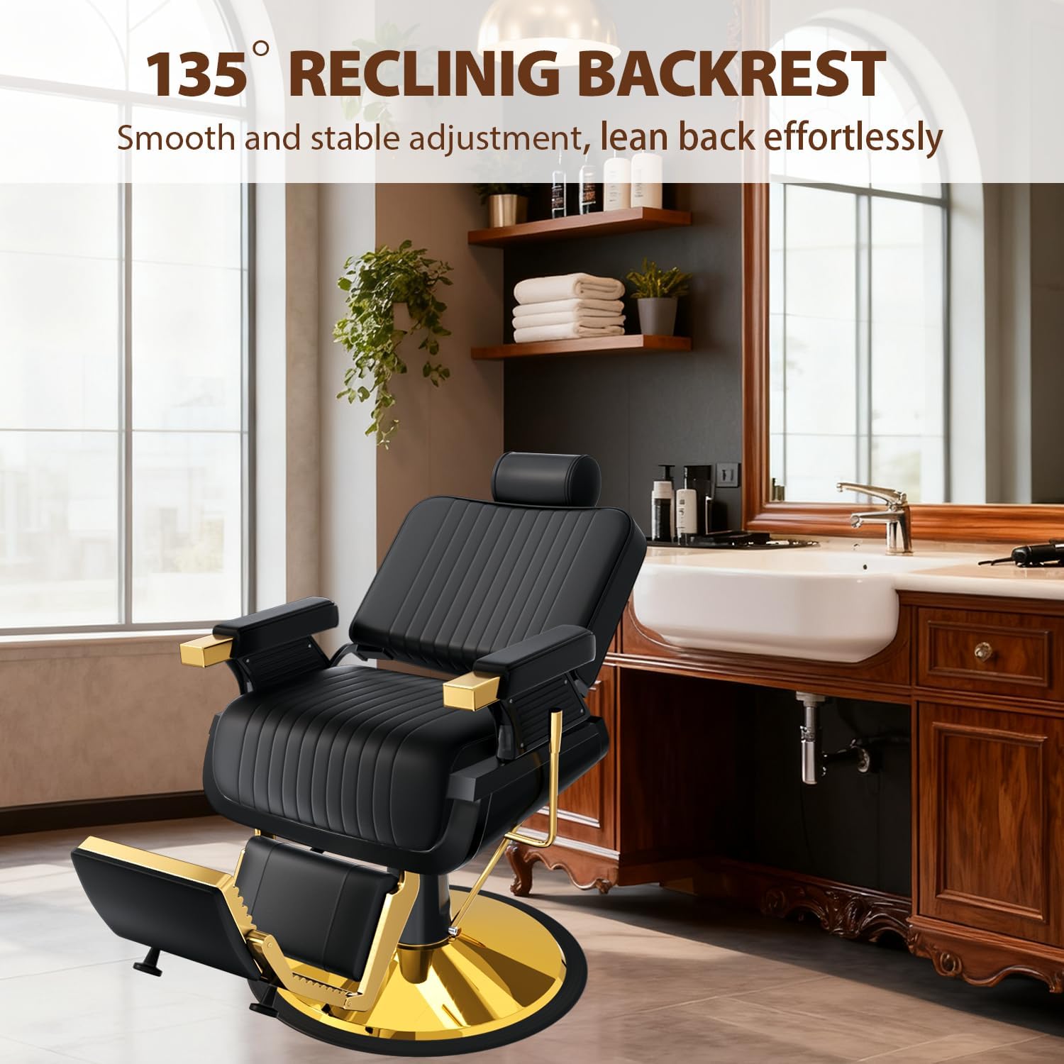 Vintage Barber Chair, Reclining Barber Chair for Barbershop, Heavy Duty Hydraulic All Purpose Salon Chair Hair Stylist w/Removable Headrest, Professional Beauty Spa Shampoo Equipment, Black Gold