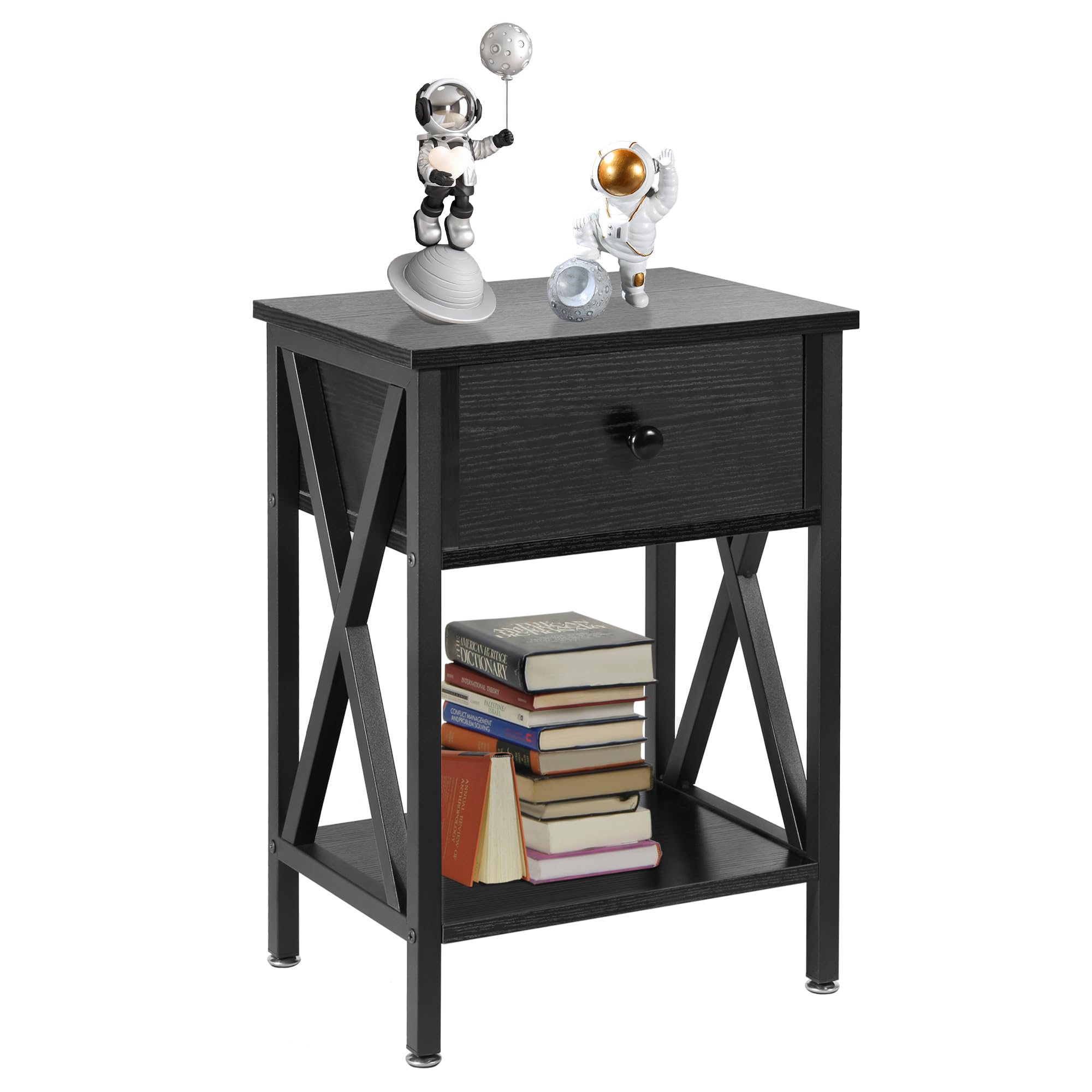 VECELO Nightstand, Modern Bedside End Table, Night Stand with Drawer and Storage Shelf for Living Room Bedroom, Industrial Metal Frame, Set of 1, Black