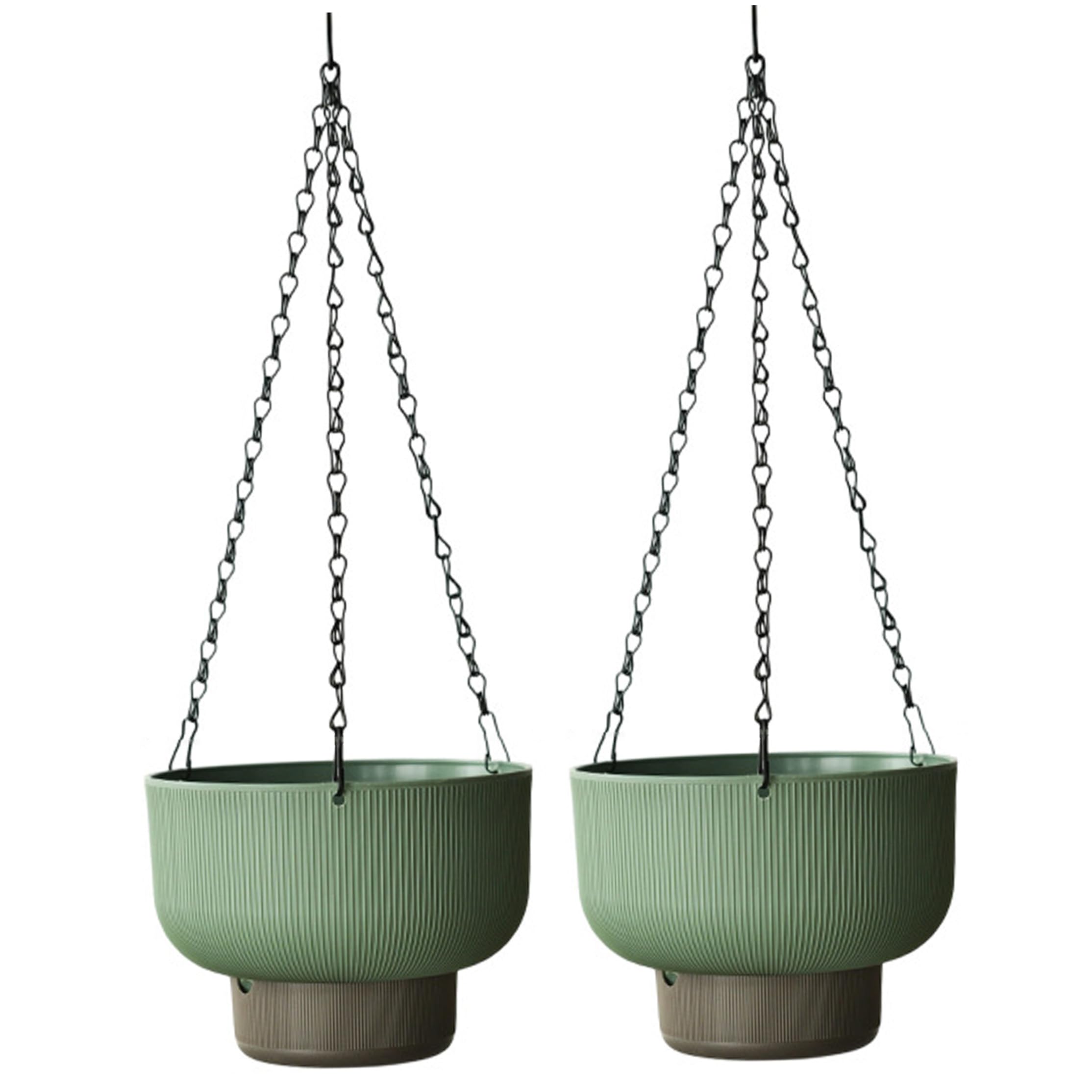 Ameble 2 Pack Hanging Flower Pots with Water Storage Tray, Dual-Use Baskets for Indoor Plants, Hanging Planter for Herbs and Flowers, Green, 7.50 Inch