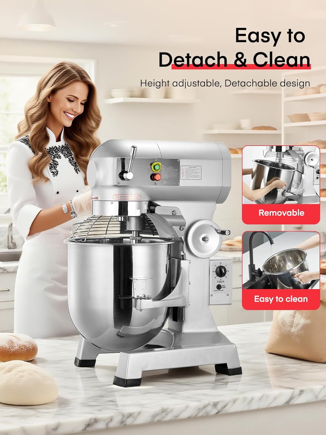 Commercial Mixer 1250W 30Qt, with Timer, Stainless Steel Bowl & Safety Guard, 3-Speed Adjustable Heavy Duty Dough Mixer Includes Dough Hook, Flat Beater, Wire Whip for Bakeries, Pizzeria, Hotels