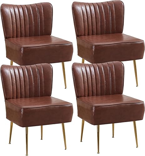 Miniatura 26 de Moderno juego de 3 sillas decorativas de piel sintética, tapizadas, con respaldo de alas sin brazos con patas doradas, cómodo sofá individual, Rojo