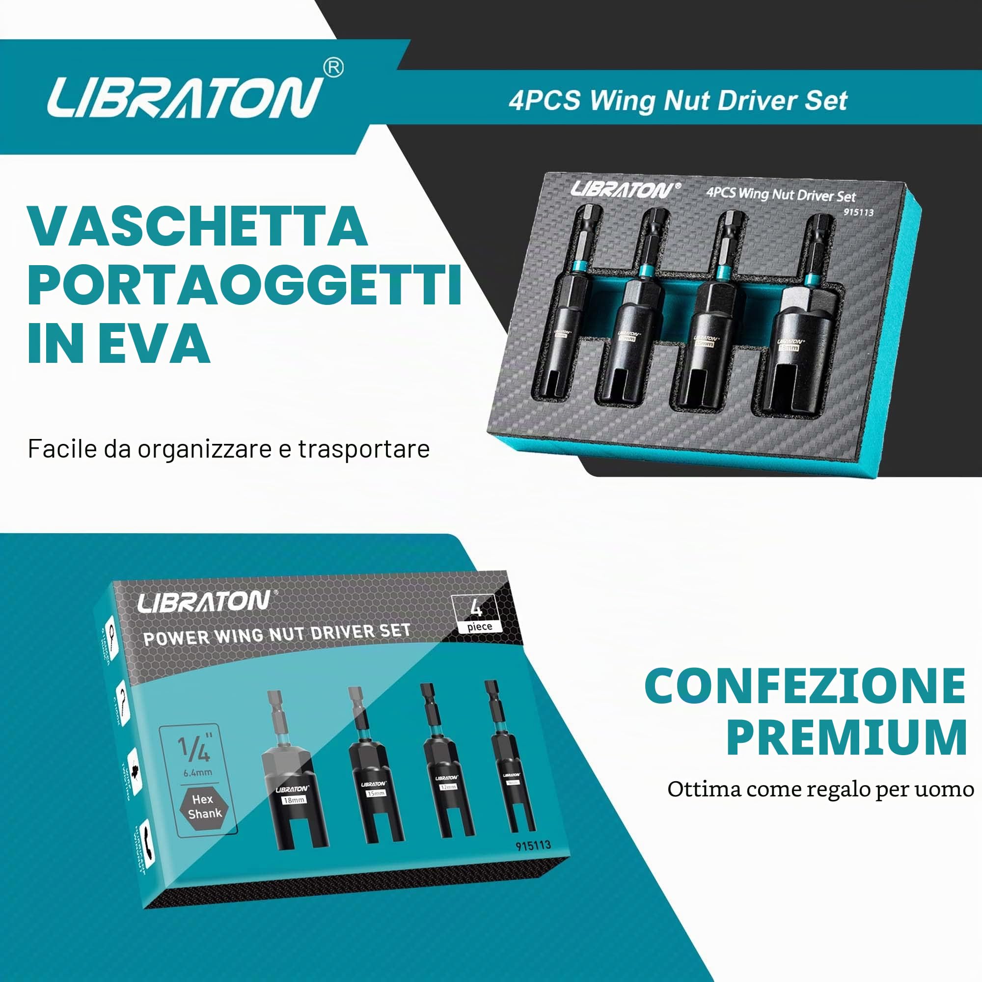 Libraton driver per dado dell'ala, 4 pezzi dadi ad ala profonda, set di driver per dadi ad aletta, esagonale da 1/4", dadi ad ala di potenza, per bulloni a gancio e gancio a C bullone