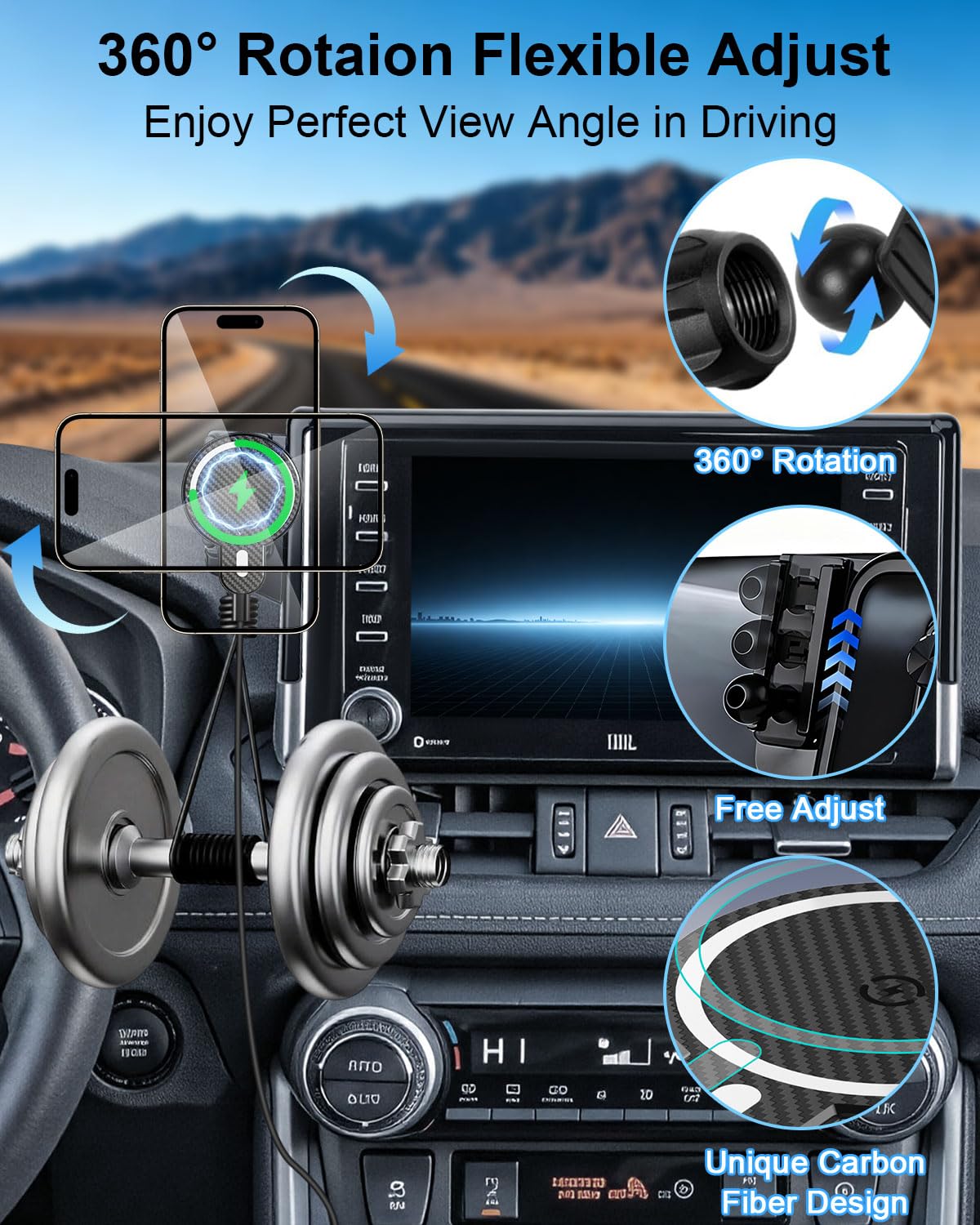 PZK Samochodowy uchwyt na telefon do Toyota RAV4 2019 2020-2023 2024 2025 Hybrid LE/XLE/Premium akcesoria ekran 7/8-calowy obrót 360° uchwyt na telefon kompatybilny z Magsafe Not Affect Vent (nie