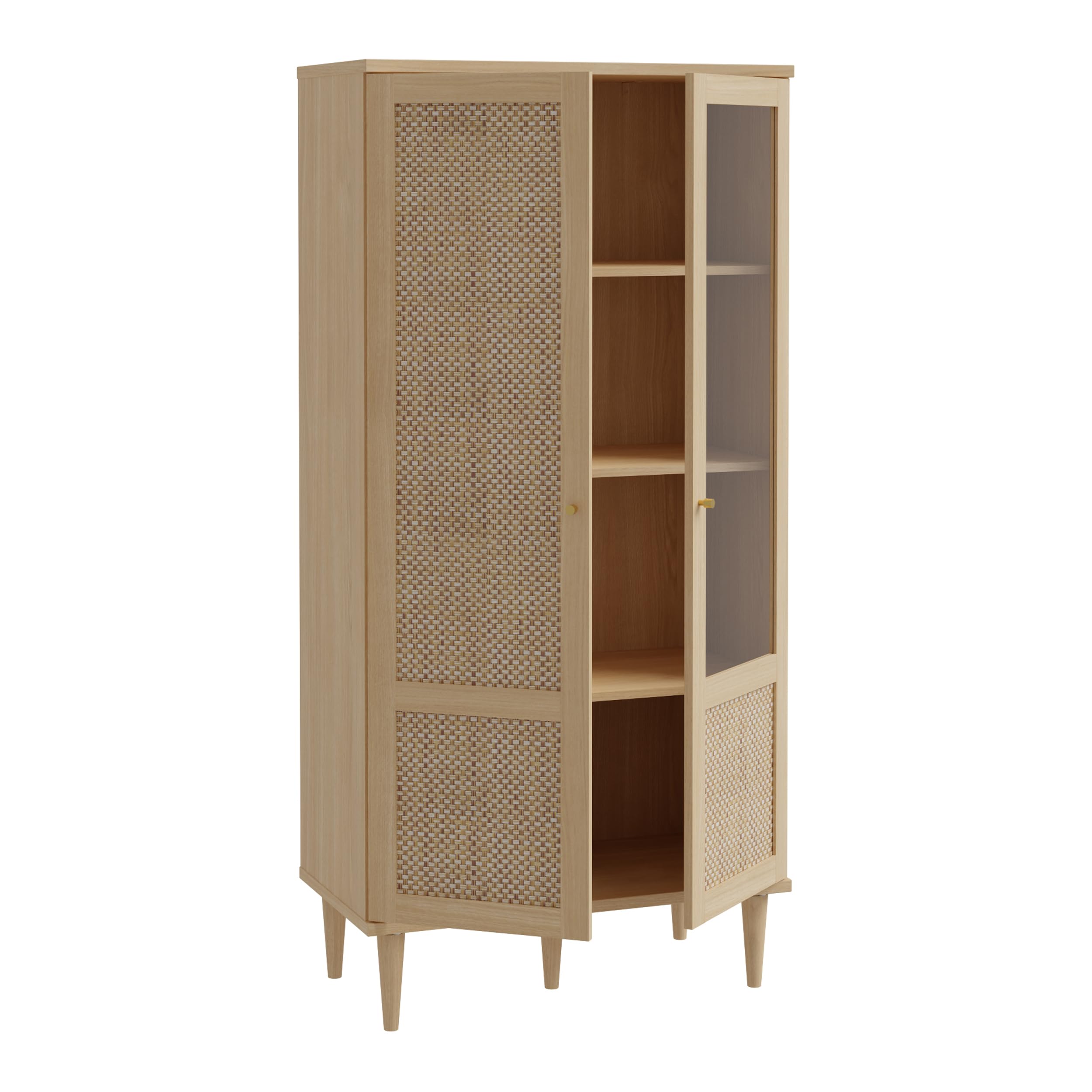 Forte CALASETTA Vitrine 80, Boho-Vitrinenschrank mit Rattangeflecht, 2-türig, Holzwerkstoff, Elegancia Eiche | Technorattan, 80,1 cm breit x 166,6 cm hoch x 41,4 cm tief