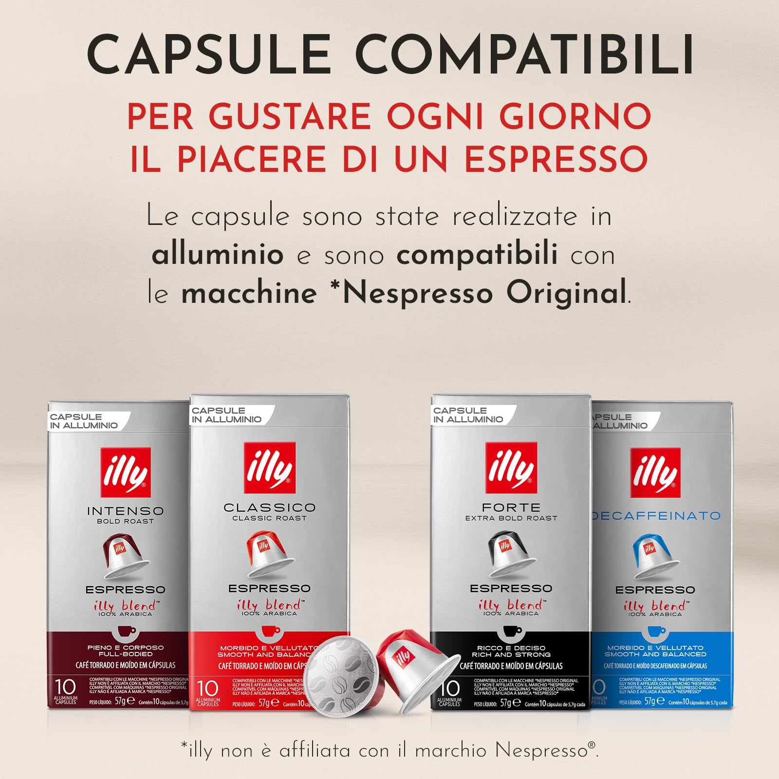 illy, Caffè in Capsule Compatibili in Alluminio CLASSICO, 100% Arabica con Note di Fiori d'Arancio e Gelsomino, Gusto Morbido e Retrogusto Dolce, 10 Confezioni da 10 (100 Capsule Totali)